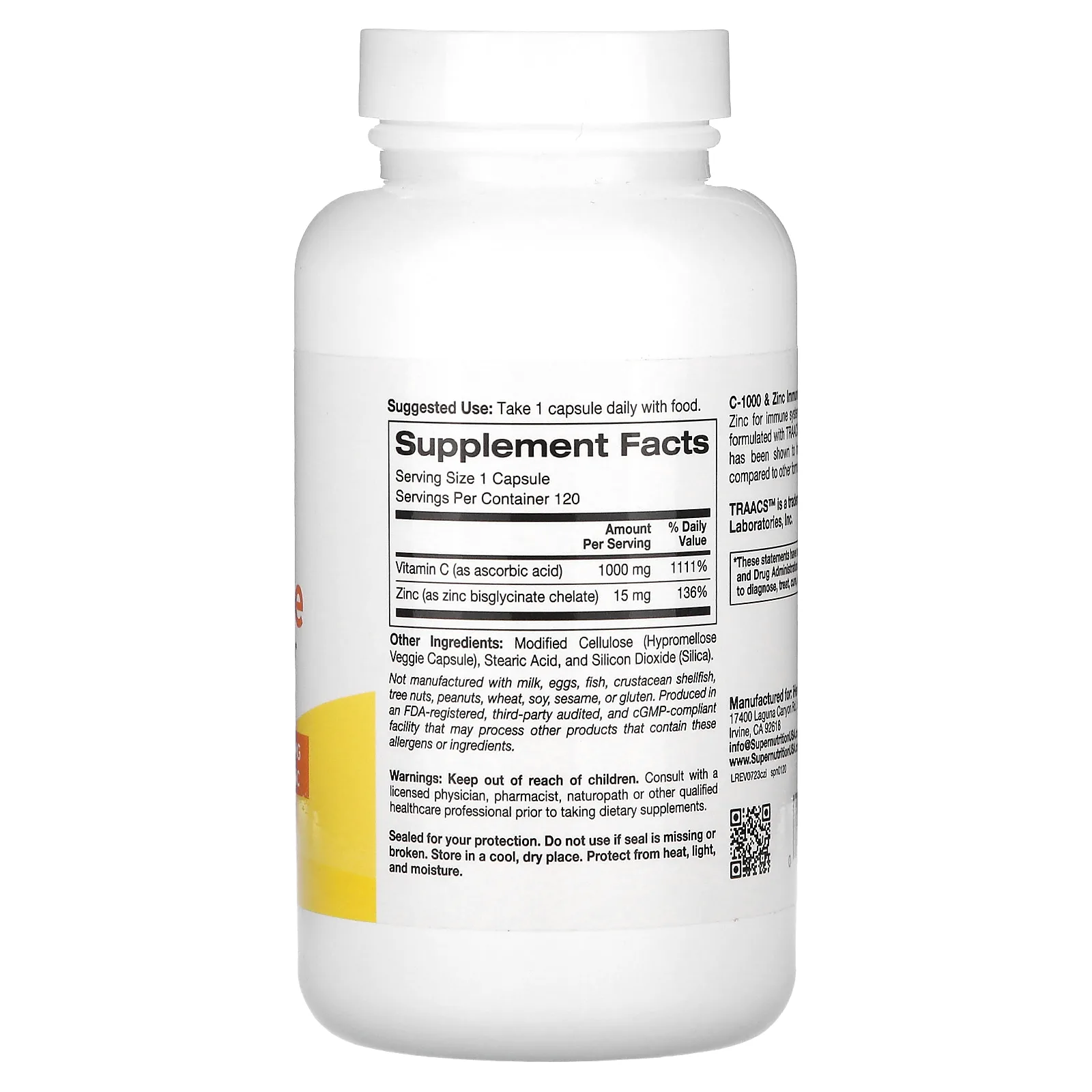 Super Nutrition, добавка для укрепления иммунитета C-1000 с цинком, 120 растительных капсул