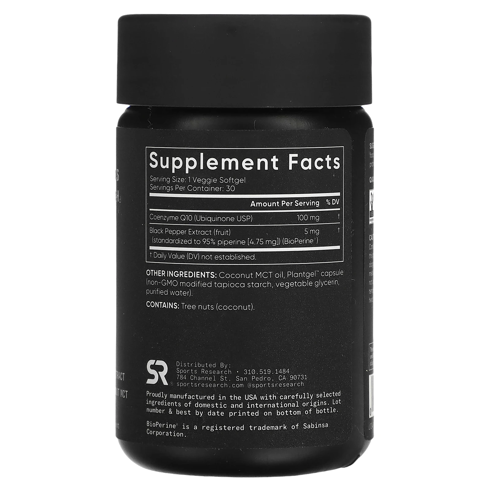 Sports Research, коэнзим Q10 класса USP с экстрактом BioPerine, 100 мг, 30 вегетарианских капсул