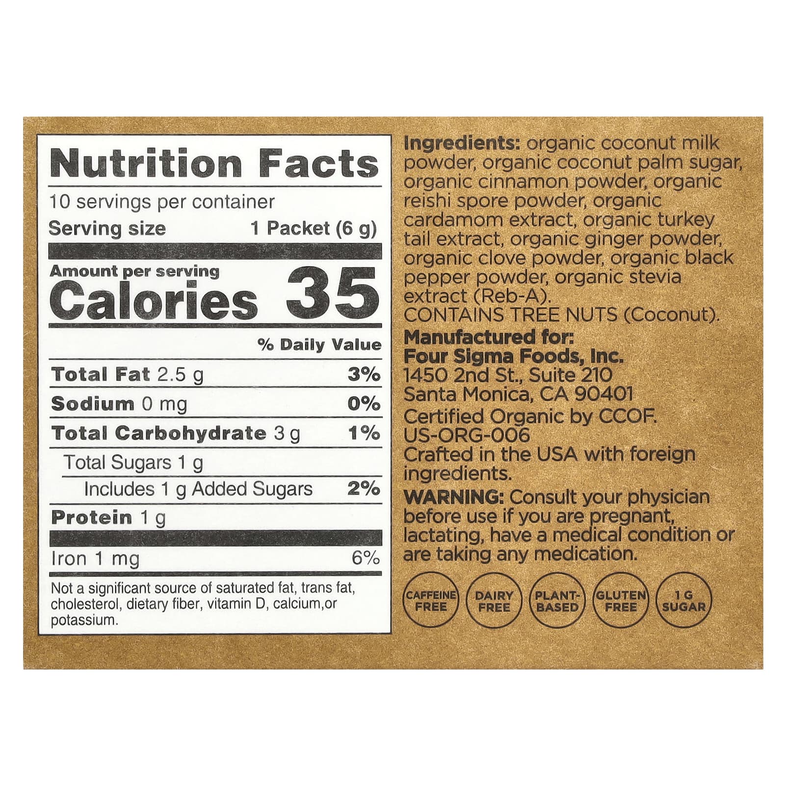 Four Sigmatic, Calm, смесь для приготовления органического латте с грибами рейши, без кофеина, 10 пакетиков по 6 г (0,21 унции)