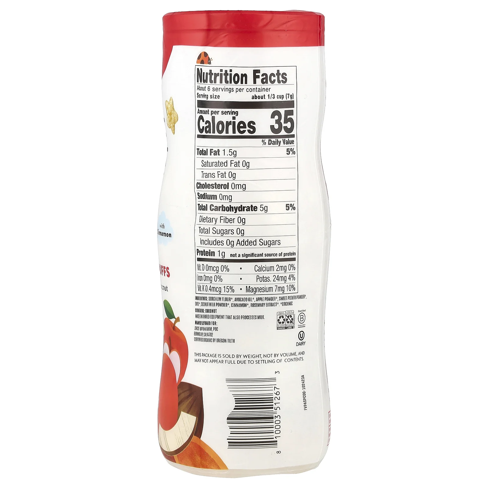 Once Upon A Farm, Органические фруктовые и вегетарианские батончики, краулер, яблоко, батат и кокос с корицей, несладкий, 42,5 г (1,5 унции)