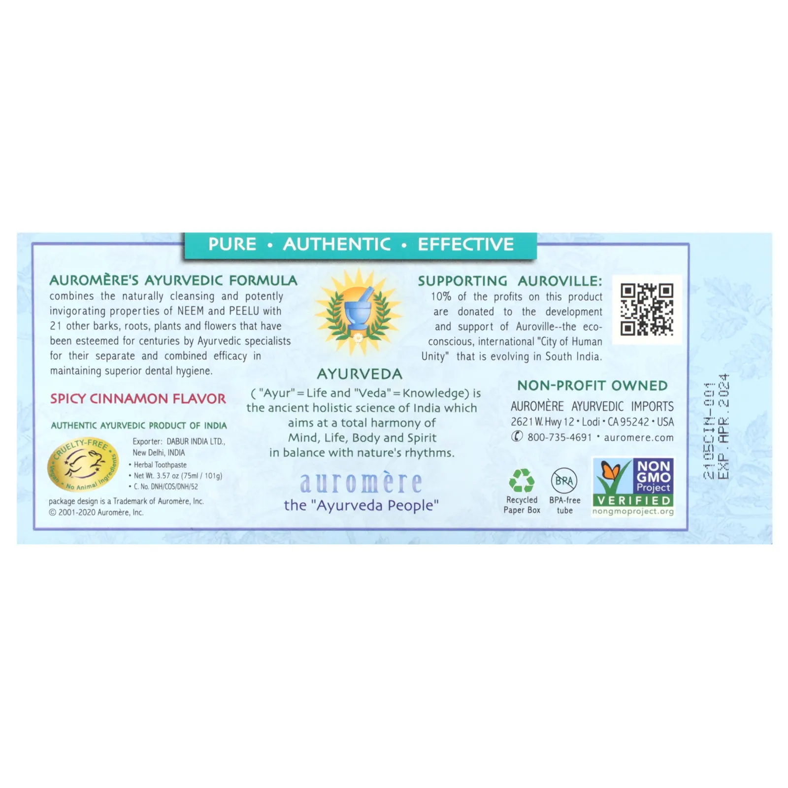 Auromere, Аюрведическая зубная паста на травах, пряная корица, 101 г (3,57 унции)