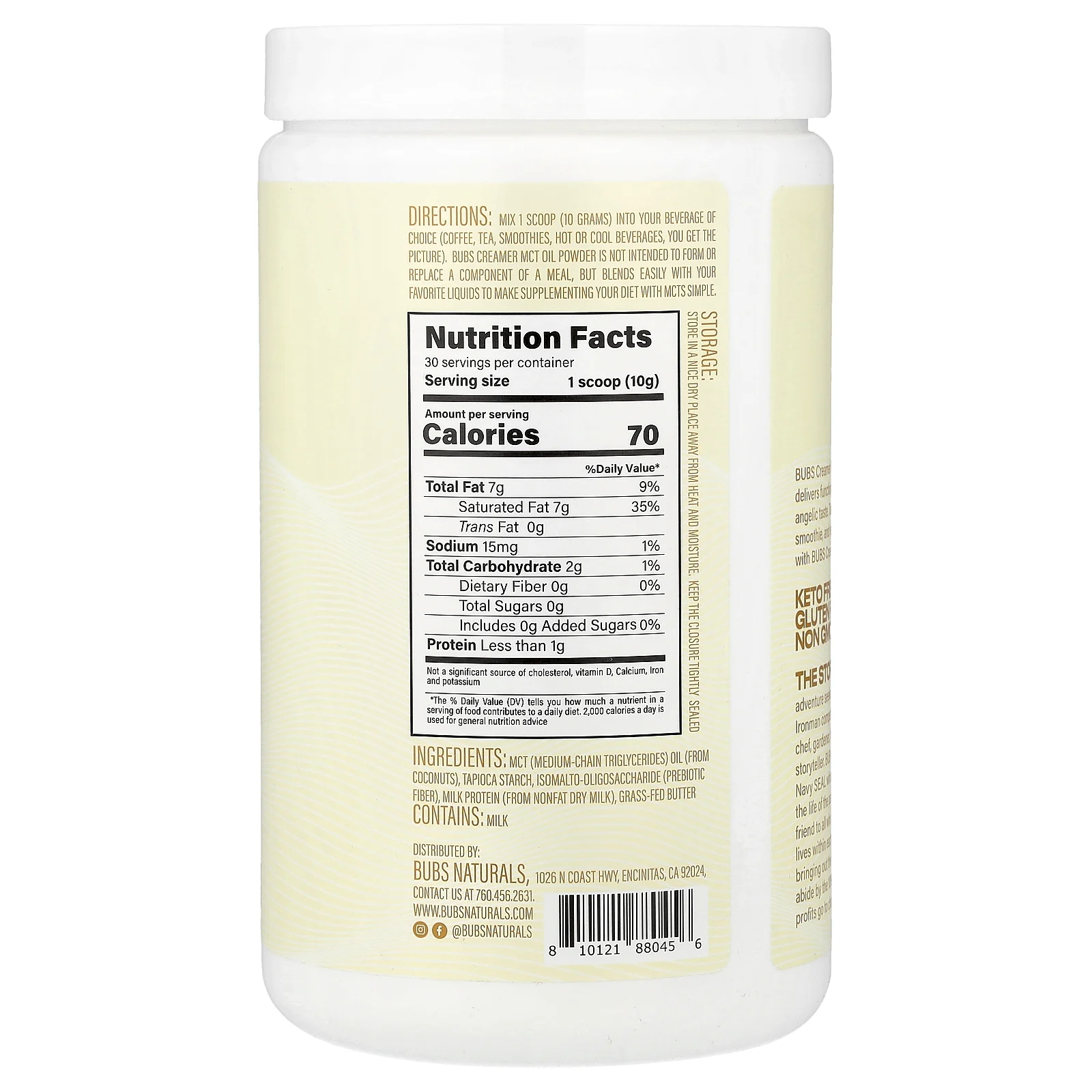 BUBS Naturals, Bubs Creamer, порошок из масла MCT с маслом от коров травяного откорма, оригинальный вкус, 300 г (10,6 унции)