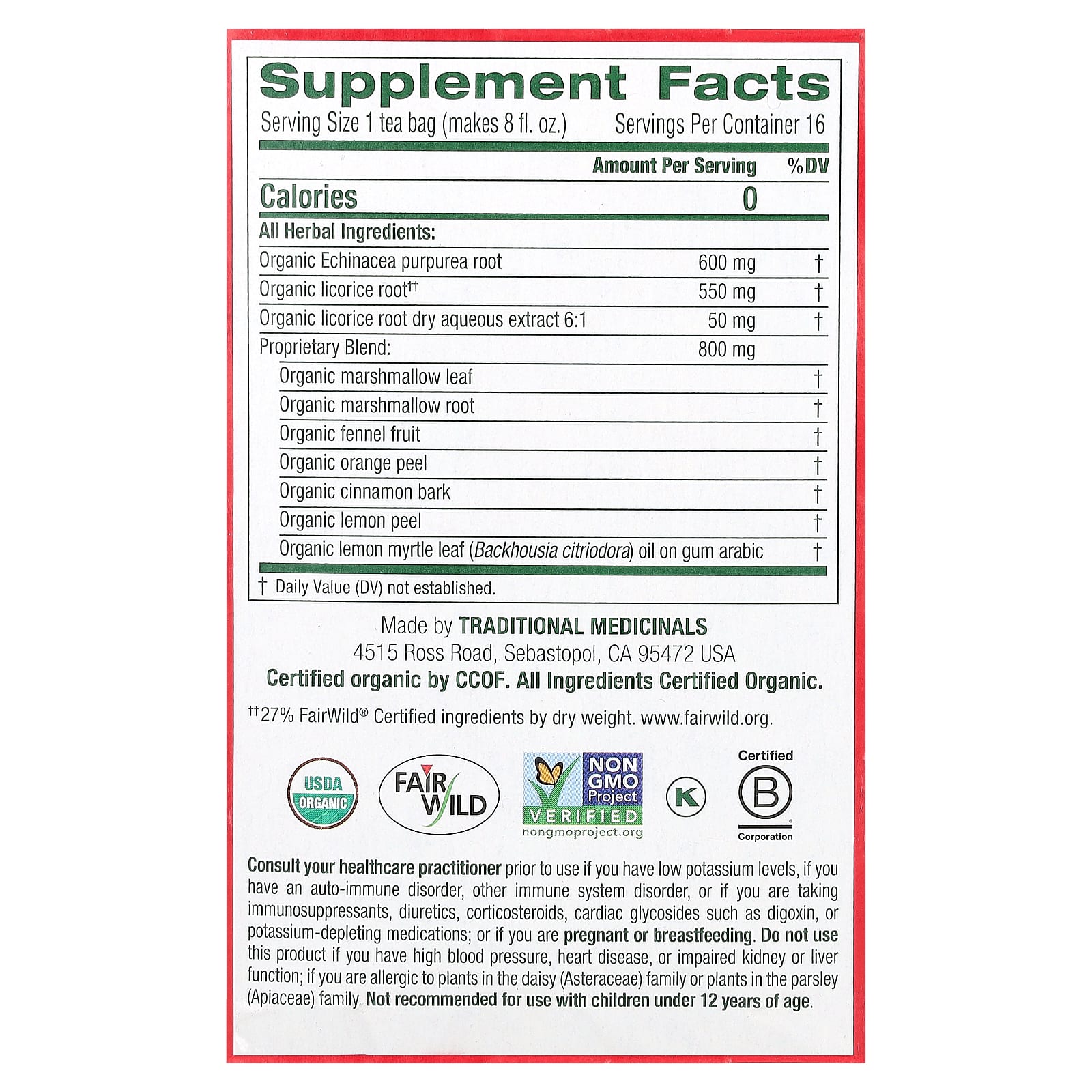 Traditional Medicinals, Organic Throat Coat, лимонная эхинацея, без кофеина, 16 чайных пакетиков в упаковке, 32 г (1,13 унции)