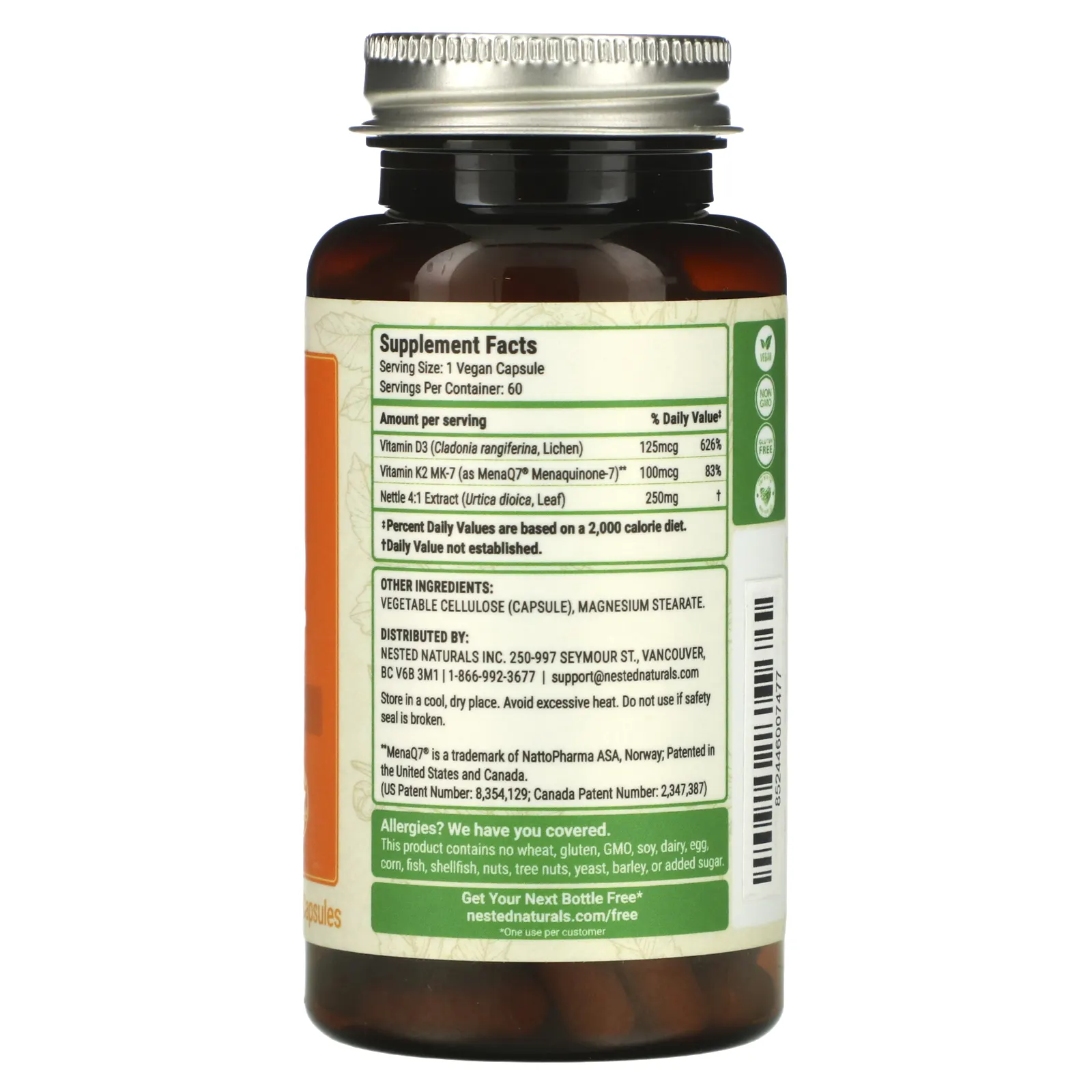 Nested Naturals, Веганские витамины D3 + K2 и листья крапивы, 60 веганских капсул