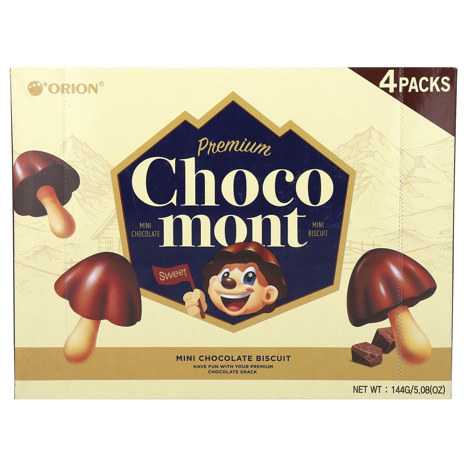 Orion, Premium Choco Mont, шоколадное мини-печенье, 4 упаковки по 30 г