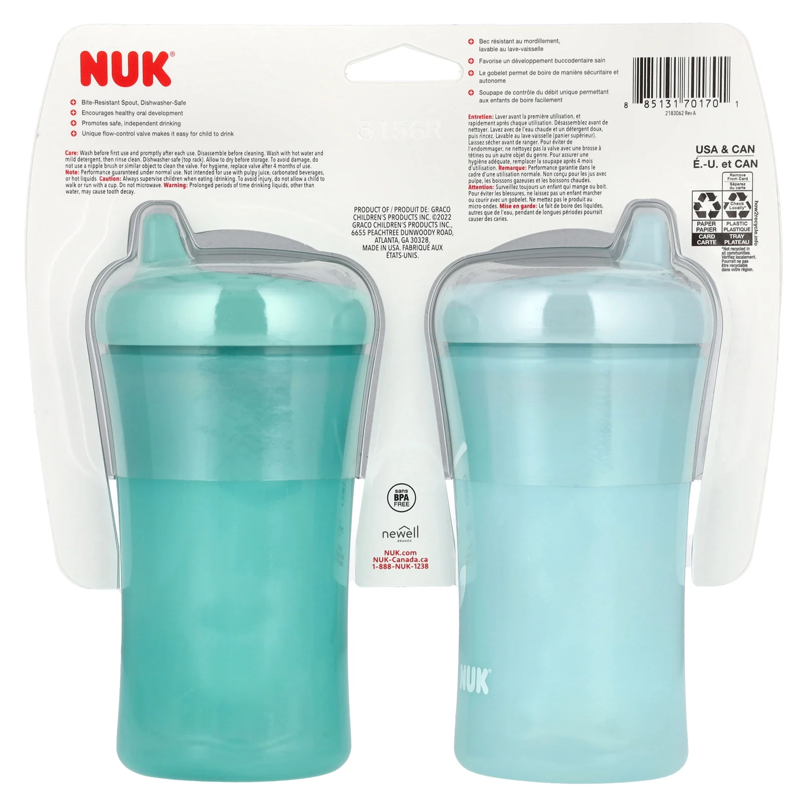 NUK, Чашка с жестким носиком, от 9 месяцев, бирюзово-голубой, 2 шт., 100 мл (10 унций)