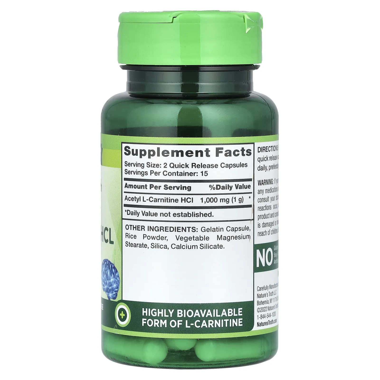Nature's Truth, Ацетил L-карнитин гидрохлорид, суперсила, 1000 мг, 30 капсул быстрого высвобождения (500 мг на капсулу)