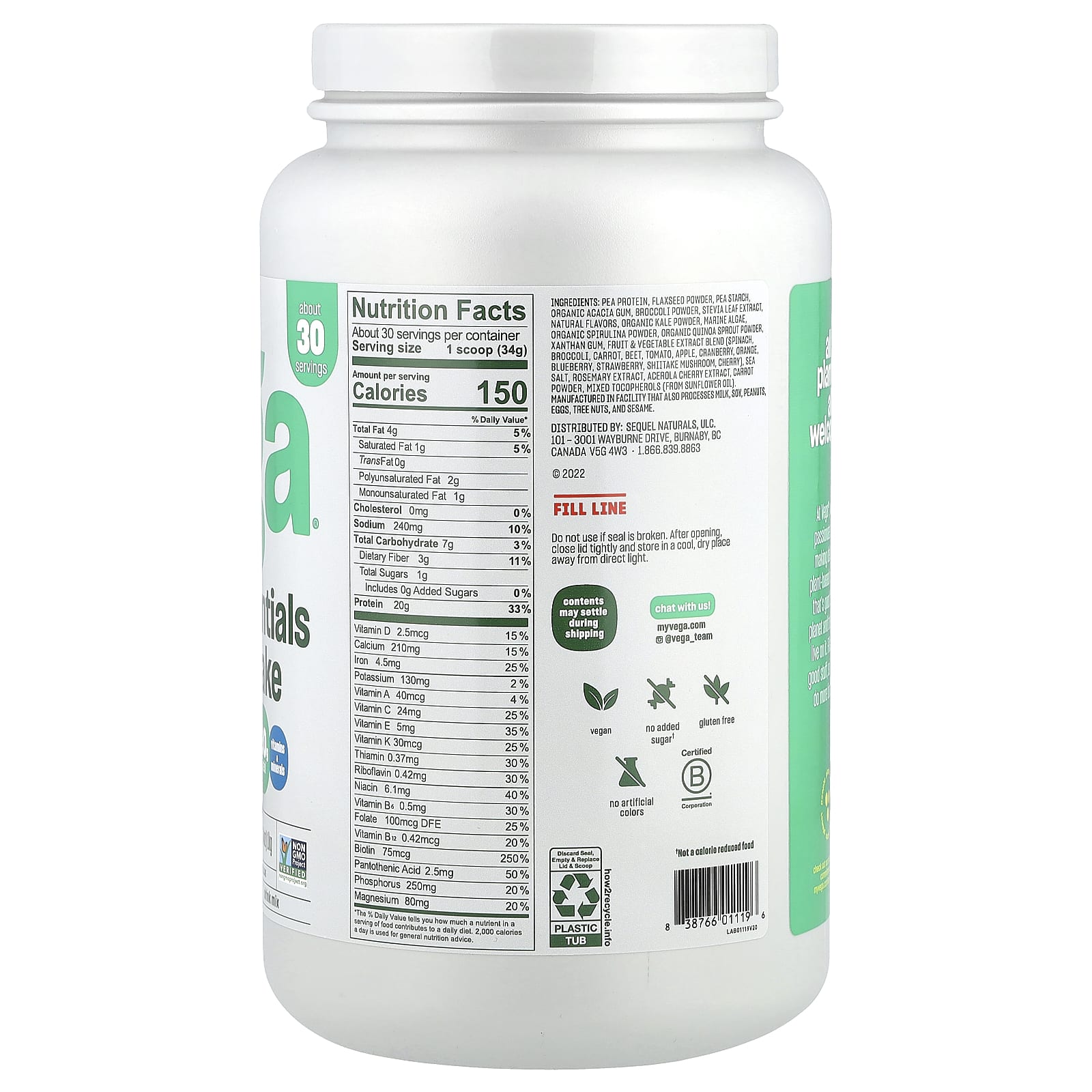 Vega, Растительный коктейль Essentials, ваниль, 1 кг (2 фунта 4,4 унции)