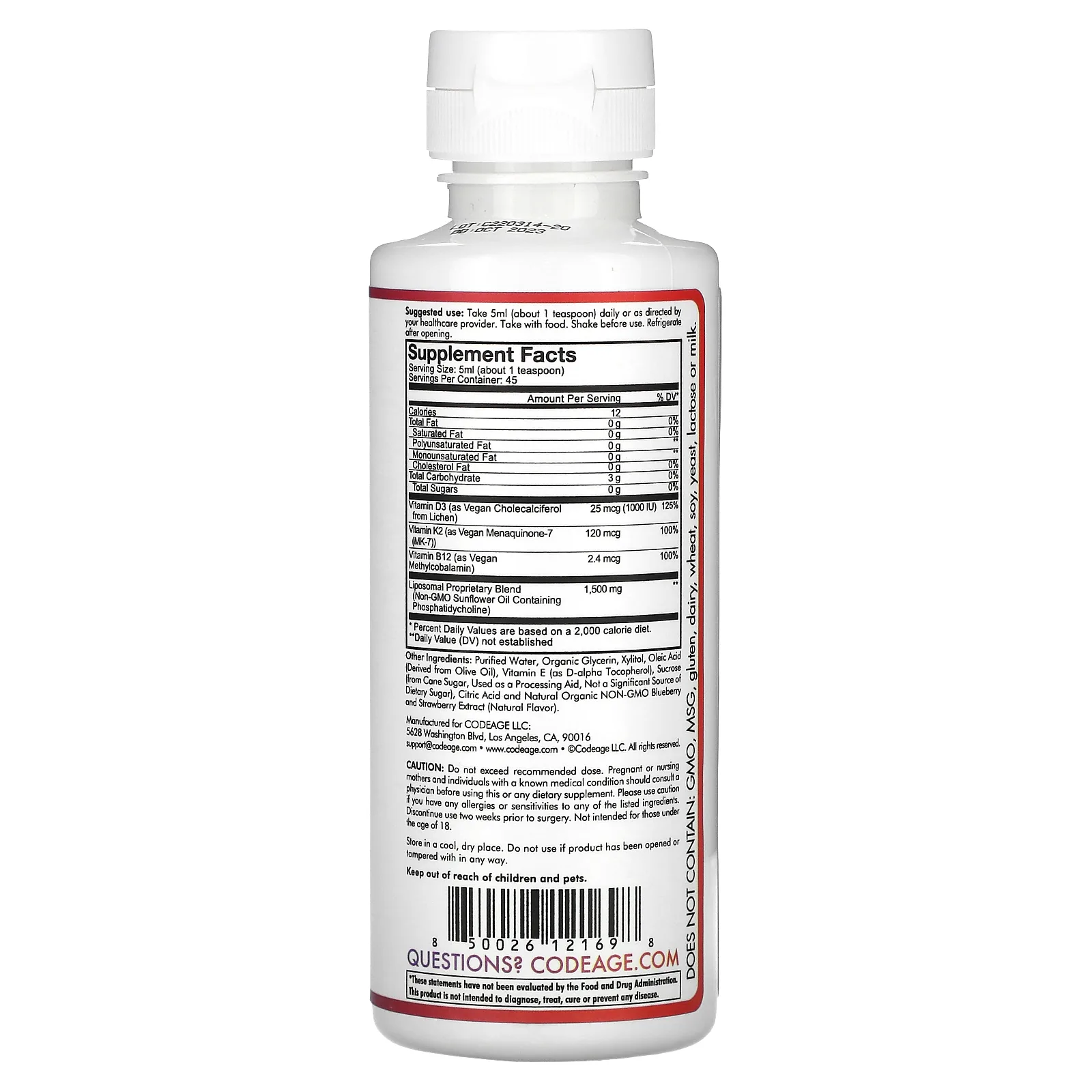 Codeage, Nanofood, Wonder-D, на растительной основе, витамин D3, K2 и B12, липосомальная технология доставки, ягодное ассорти, 225 мл (7,6 жидк. унции)