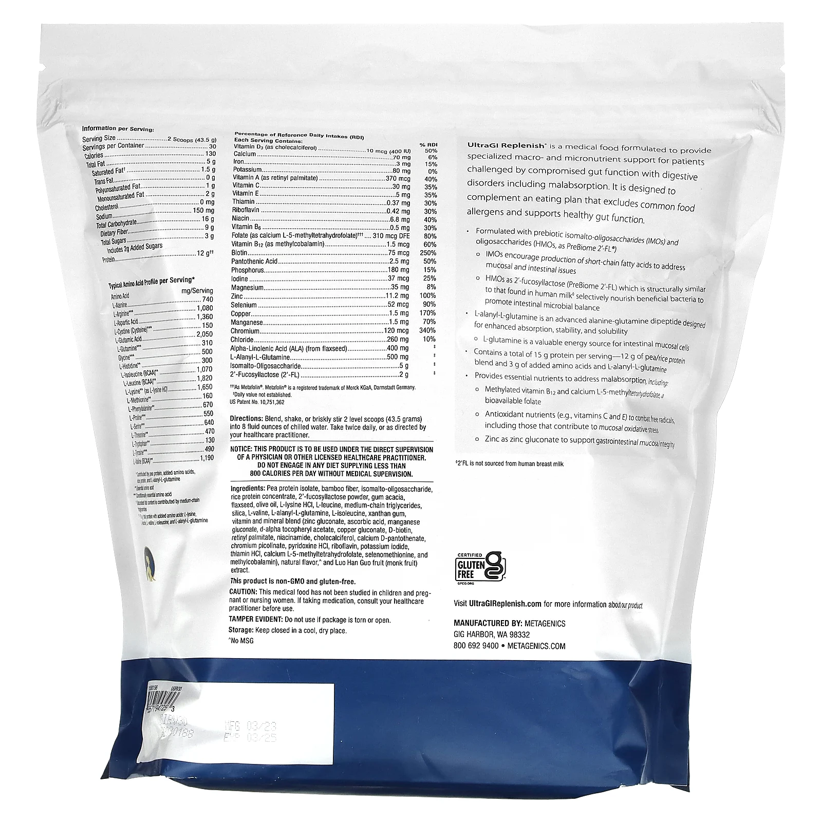 Metagenics, UltraGI Replenish, ваниль, 1305 г (46,36 унции)