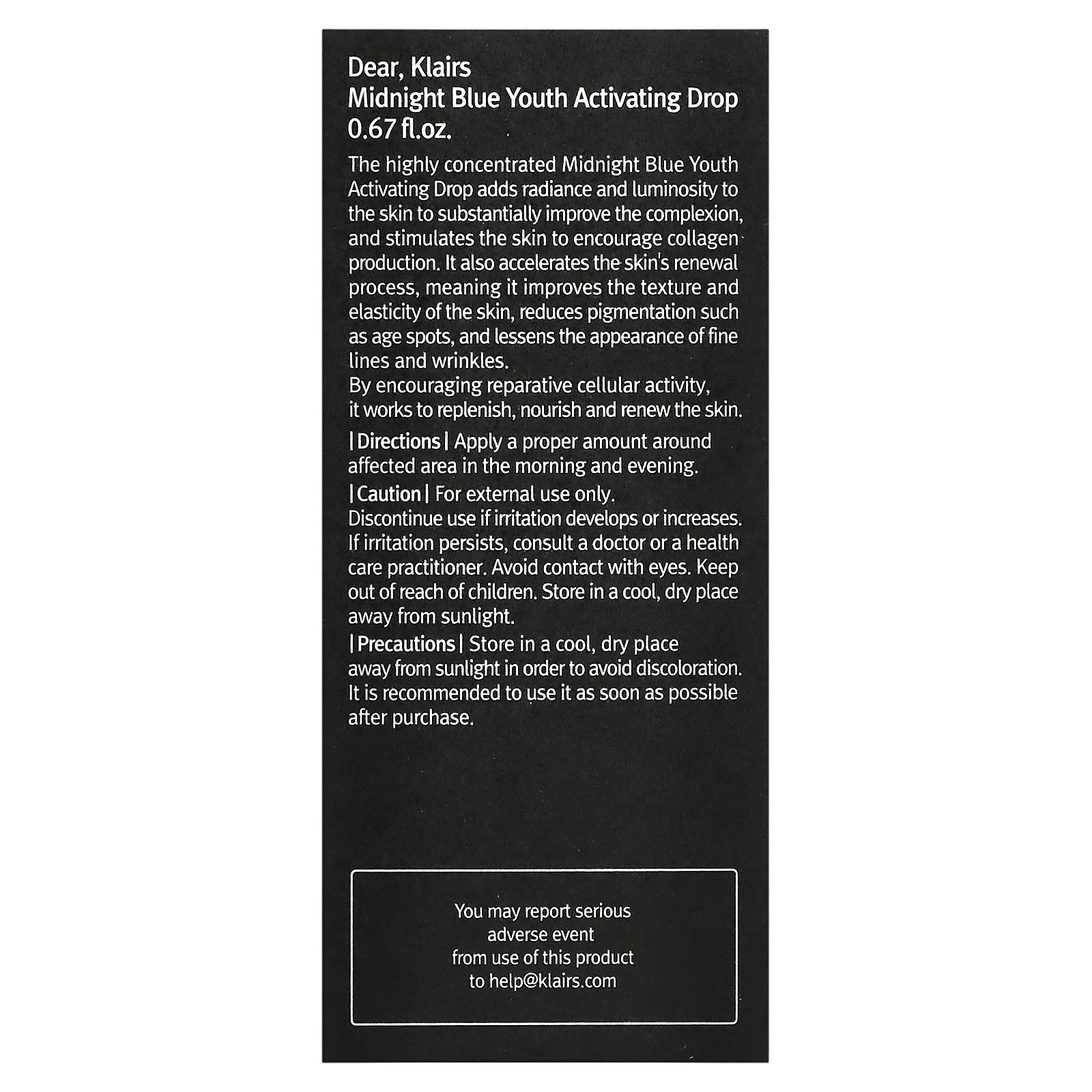 Dear, Klairs, Капли для активации омоложения Midnight Blue, 20 мл (0,67 жидкой унции)