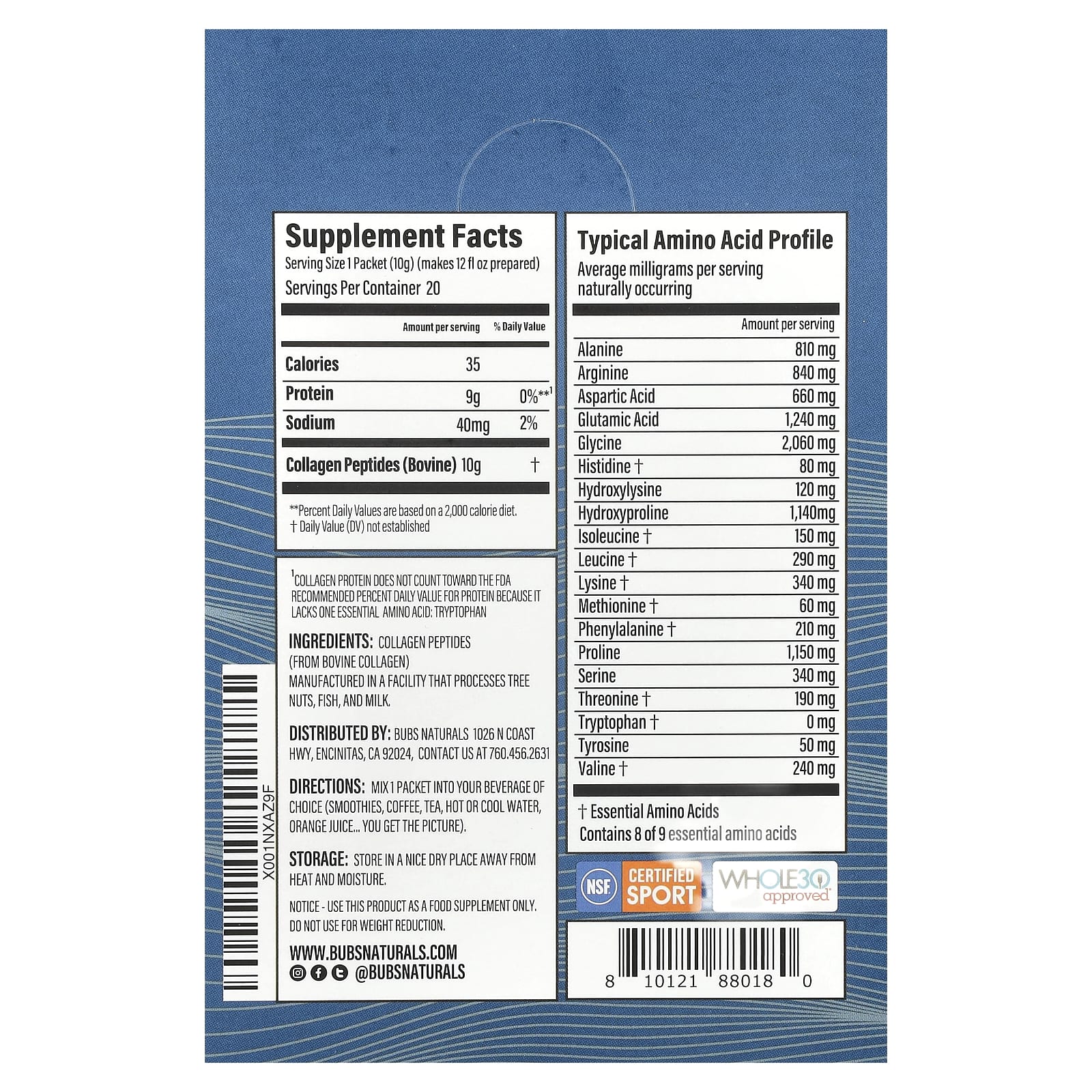 BUBS Naturals, Пептиды коллагена, без добавок, 20 пакетиков по 10 г (0,35 унции)