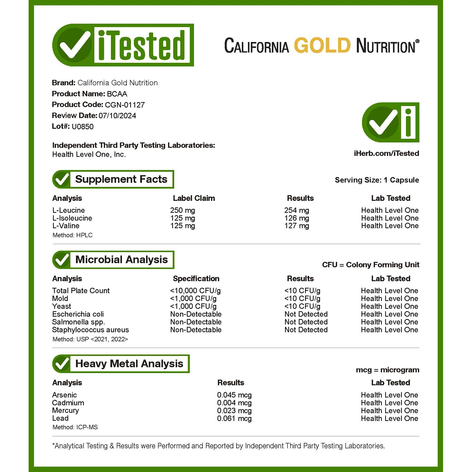 California Gold Nutrition, BCAA, аминокислоты с разветвленными цепями AjiPure®, 500 мг, 60 растительных капсул