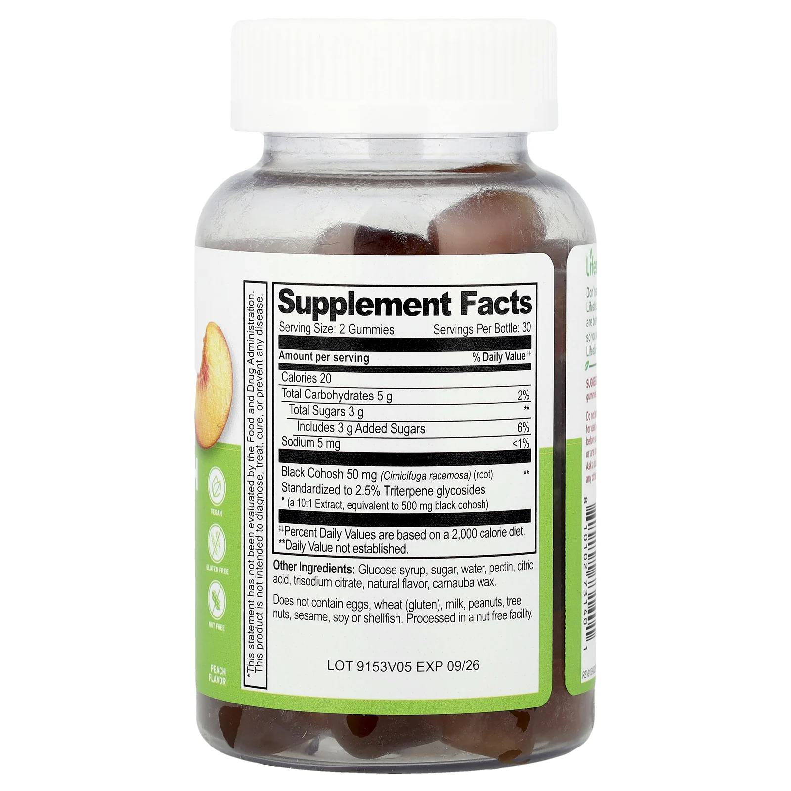 Lifeable, Жевательные мармеладки из корня клопогона, персик, 60 жевательных таблеток (25 мг в 1 жевательной мармеладке)