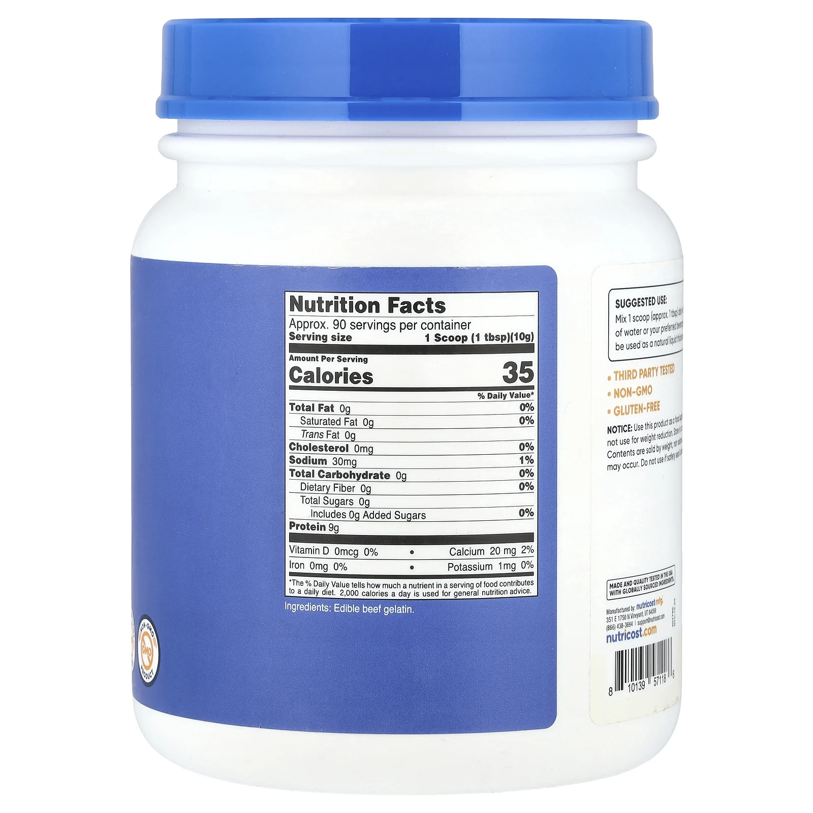 Nutricost, Порошок из говяжьего желатина, без добавок, 907 г (32,4 унции)