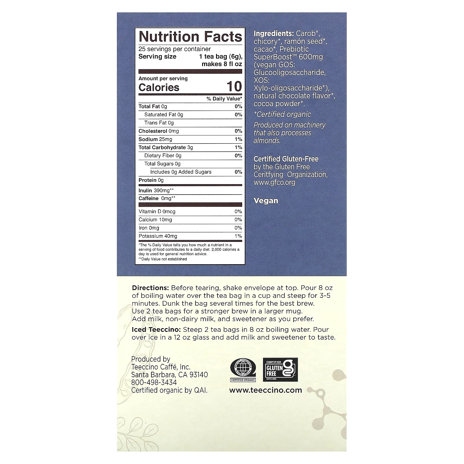 Teeccino, Травяной чай с пребиотиками, темный шоколад, без кофеина, 25 чайных пакетиков, 150 г (5,3 унции)