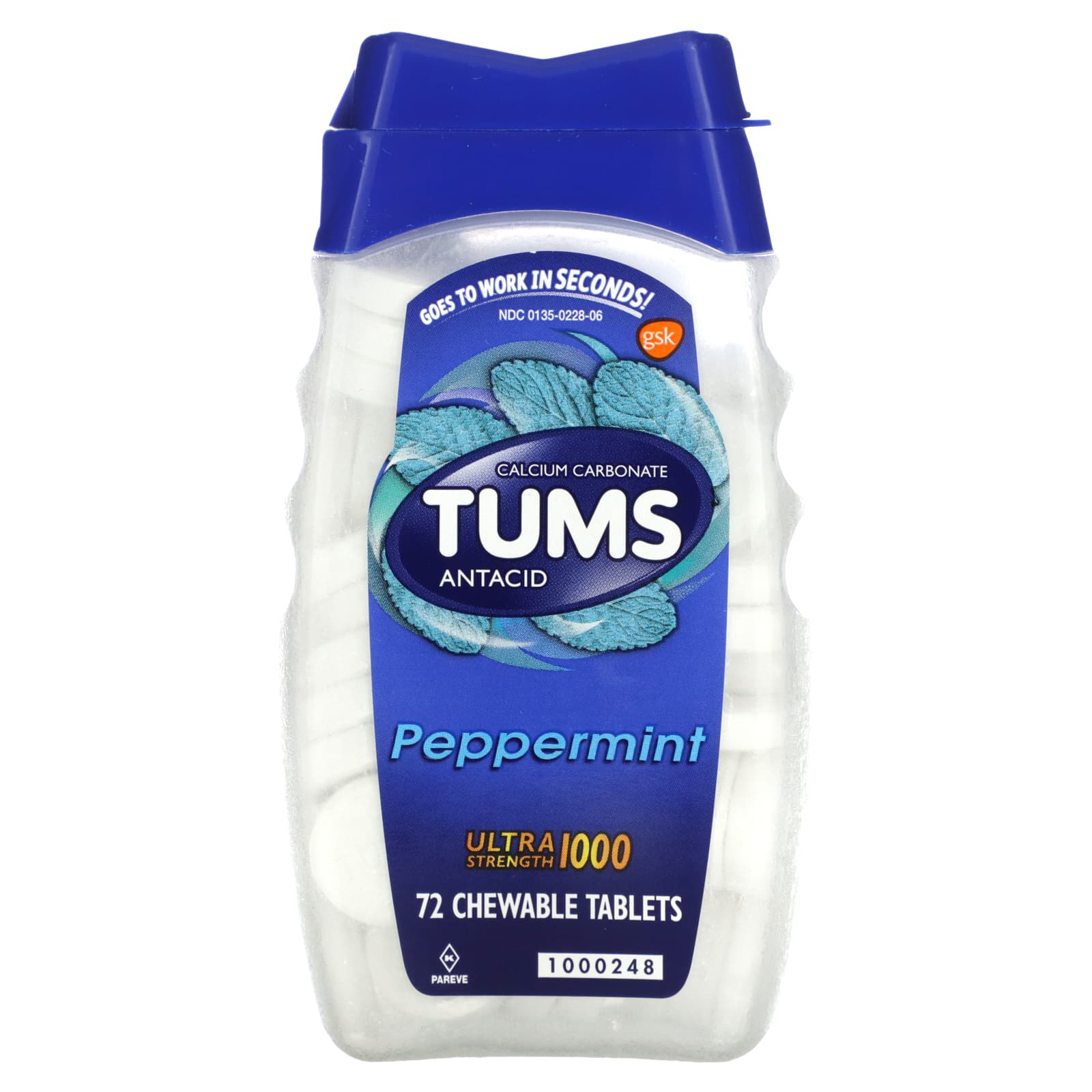 Tums, антацид повышенной силы действия, перечная мята, 72 жевательные таблетки