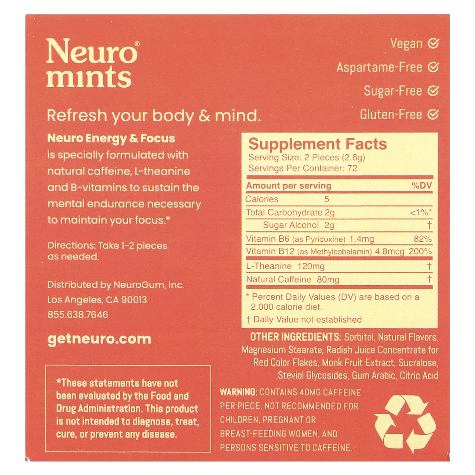 NeuroGum, NeuroMints, энергия и концентрация, корица, 12 пакетиков по 12 шт.