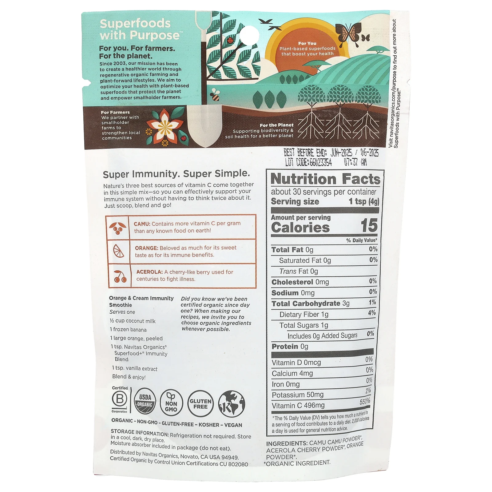 Navitas Organics, Organic Superfood + Immunity Blend, витамин C Powerhouse, каму, апельсин и ацерола, 120 г (4,2 унции)