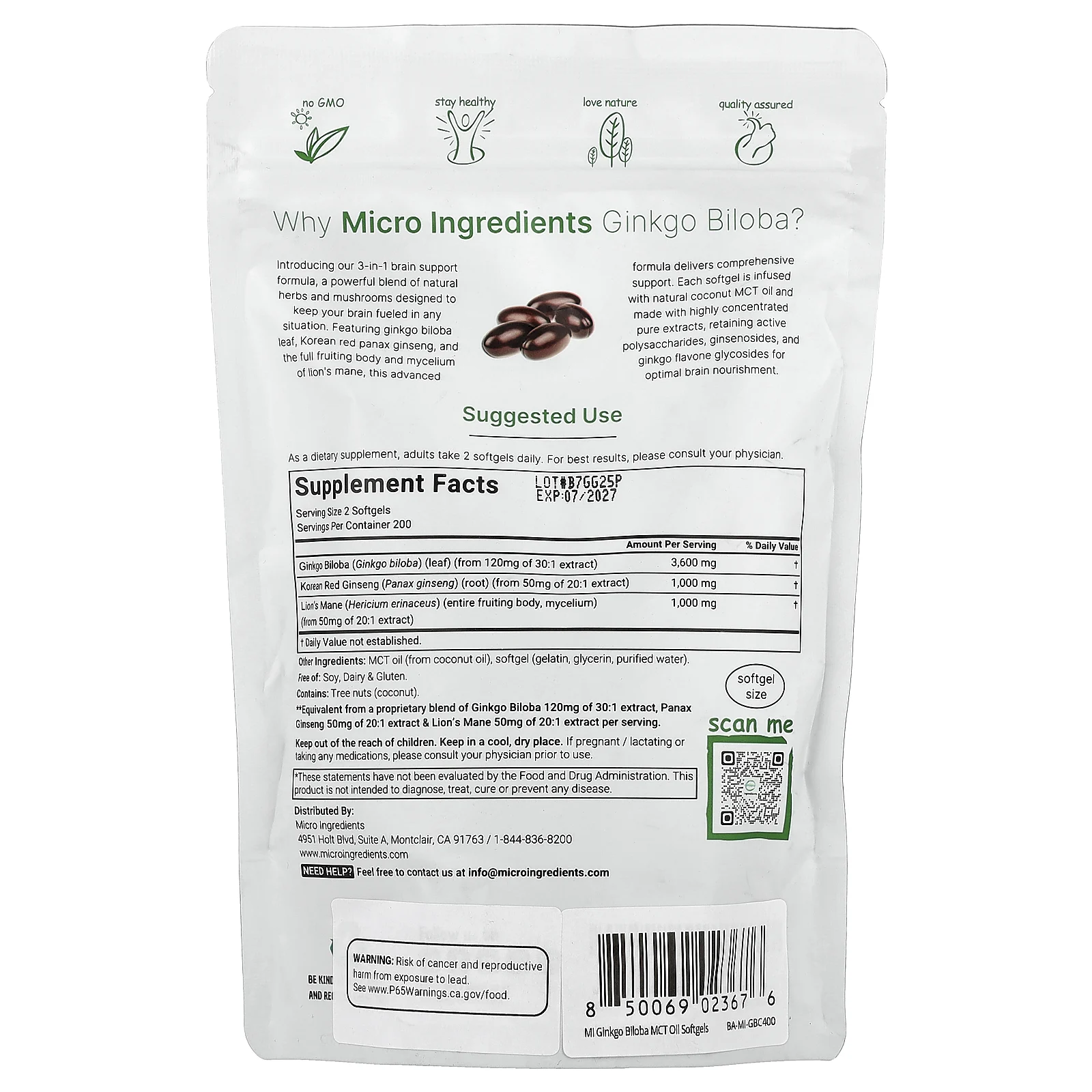 Micro Ingredients, гинкго билоба, женьшень обыкновенный, ежовик гребенчатый, 400 мягких таблеток