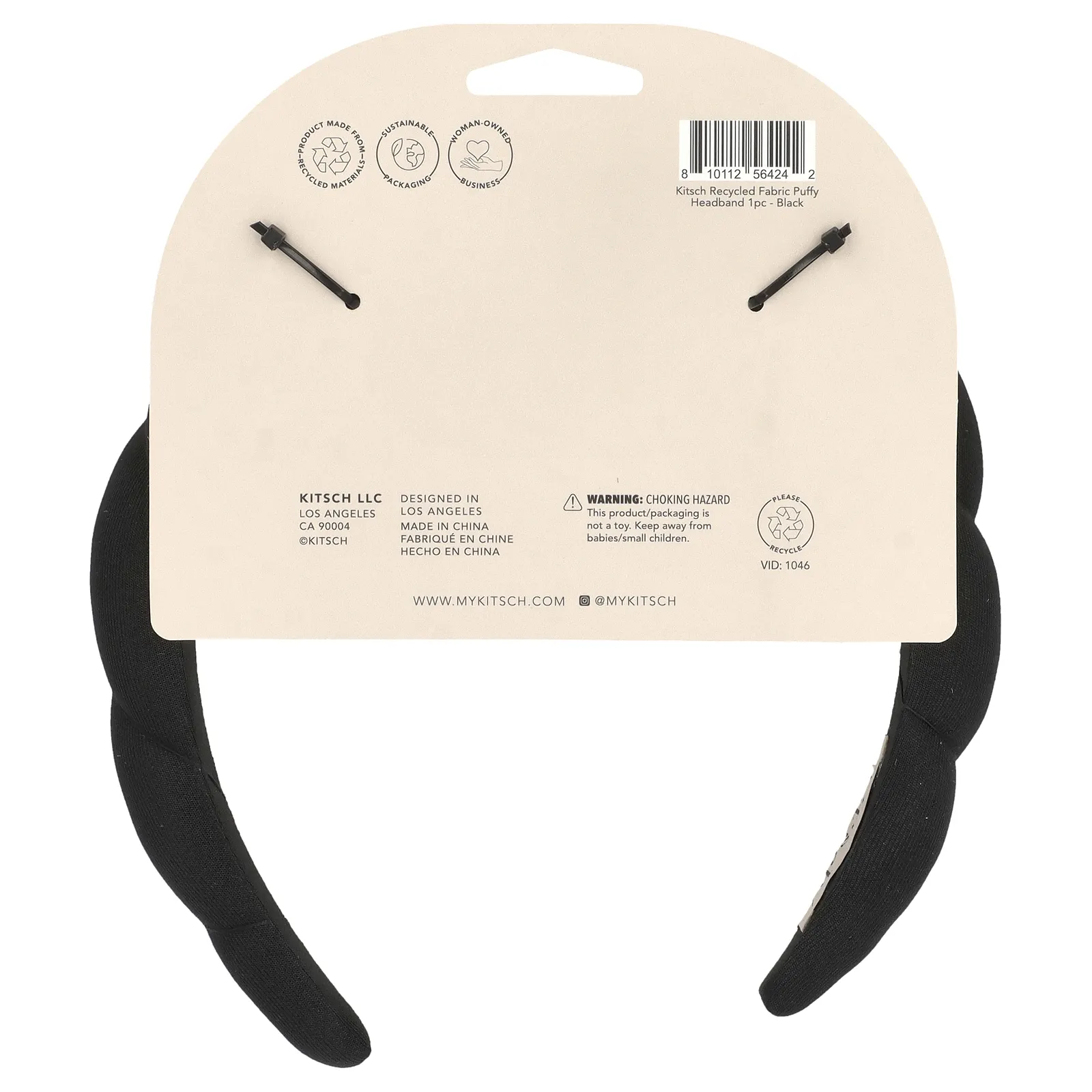 Kitsch, Пышная повязка на голову из переработанной ткани, черная, 1 шт.