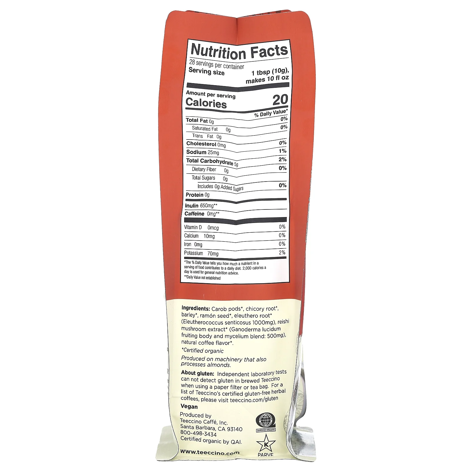 Teeccino, Травяной кофе с грибами, рейши элеутеро, темная обжарка, без кофеина, 284 г (10 унций)