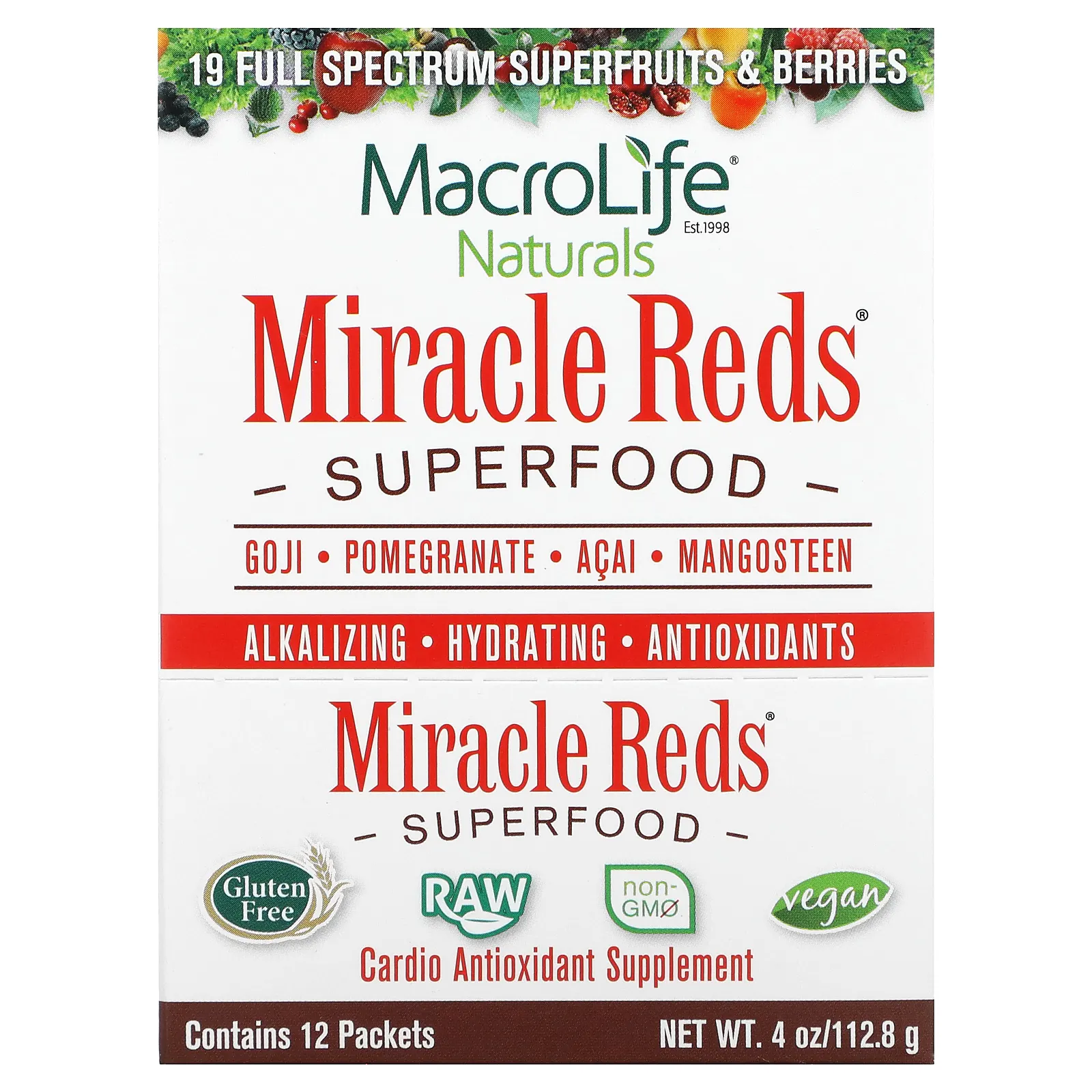 Macrolife Naturals, Miracle Reds, суперфуд, годжи, гранат, асаи, мангостан, 12 пакетиков по 9,5 г (0,3 унции)