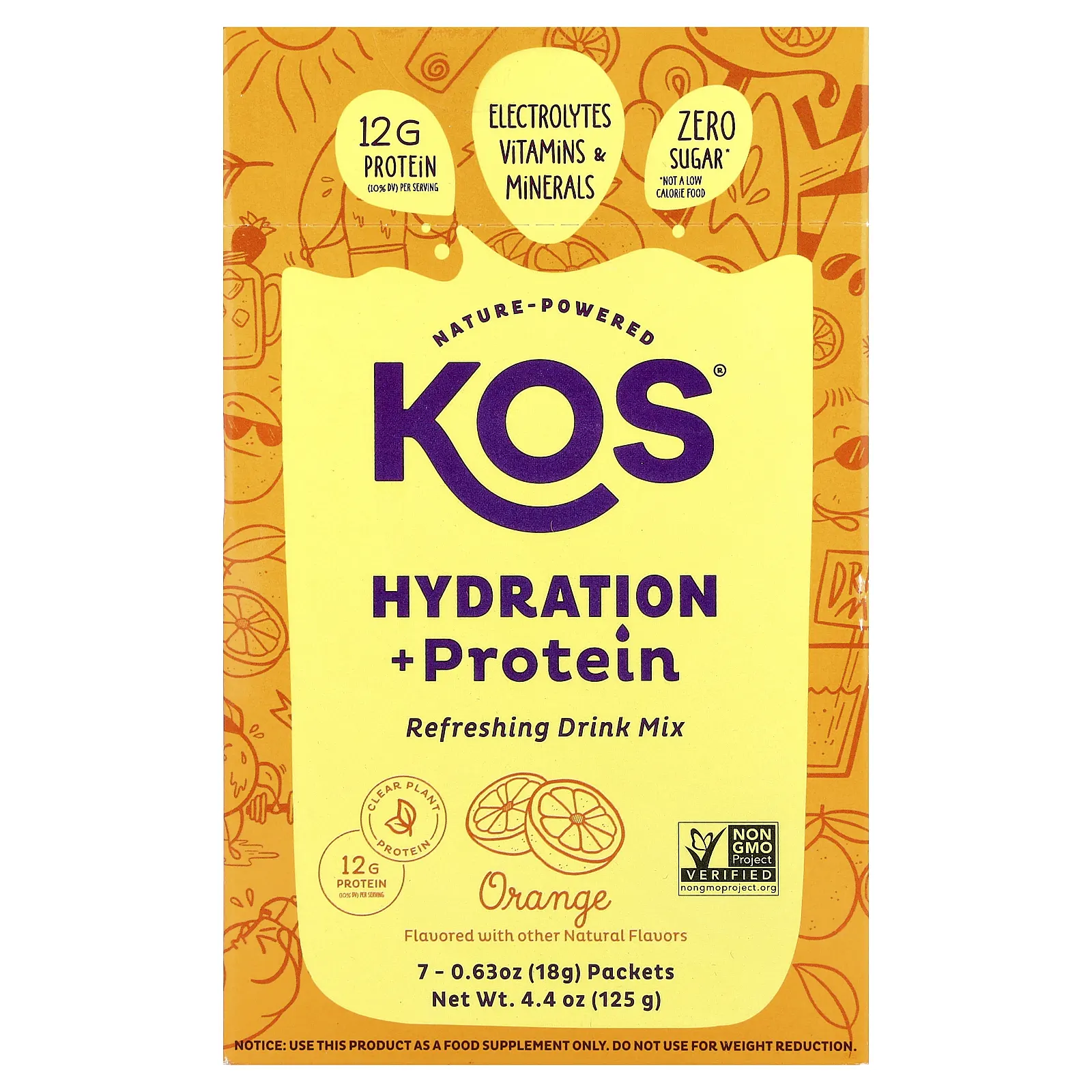 KOS, Hydration + Protein, освежающая смесь для напитков, апельсин, 7 пакетиков по 18 г (0,65 унции)