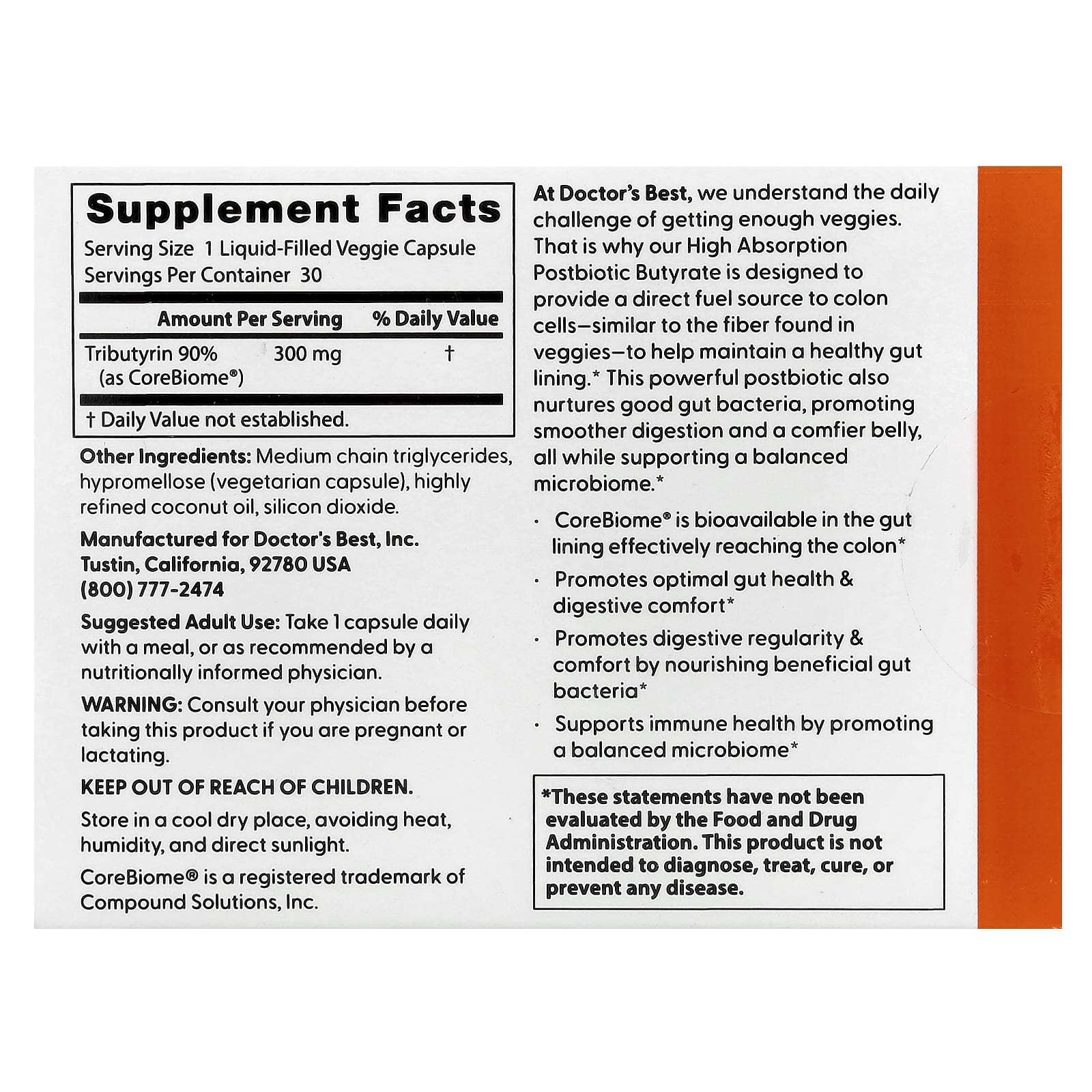 Doctor's Best, Постбиотический бутират с высокой усвояемостью, 30 растительных капсул с жидкостью (300 мг на капсулу)