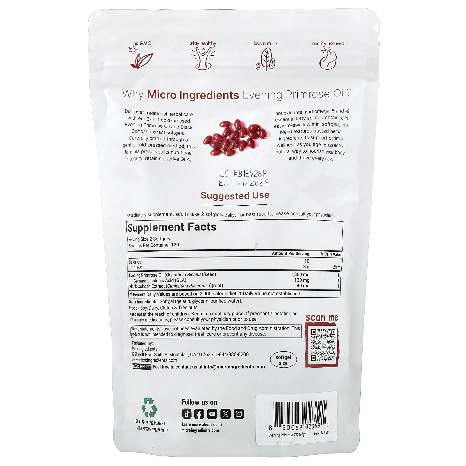 Micro Ingredients, масло примулы вечерней с воронцем кистевидным, холодный отжим, 240 миникапсул