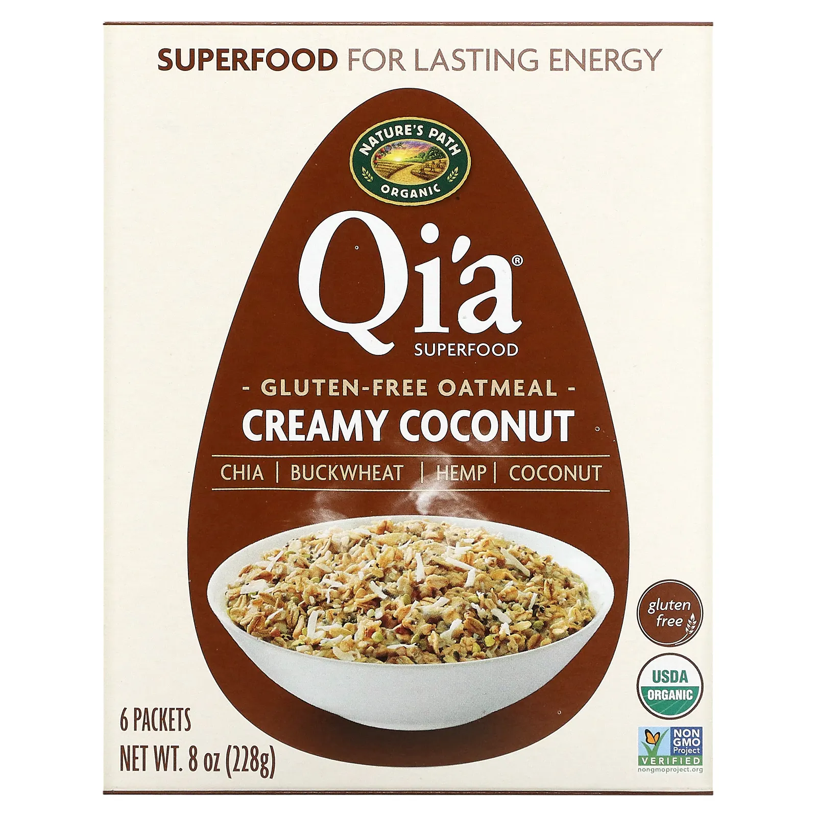Nature's Path, Qi'a Superfood, овсяная каша, кокос со сливками, 6 пакетиков, 228 г (8 унций)