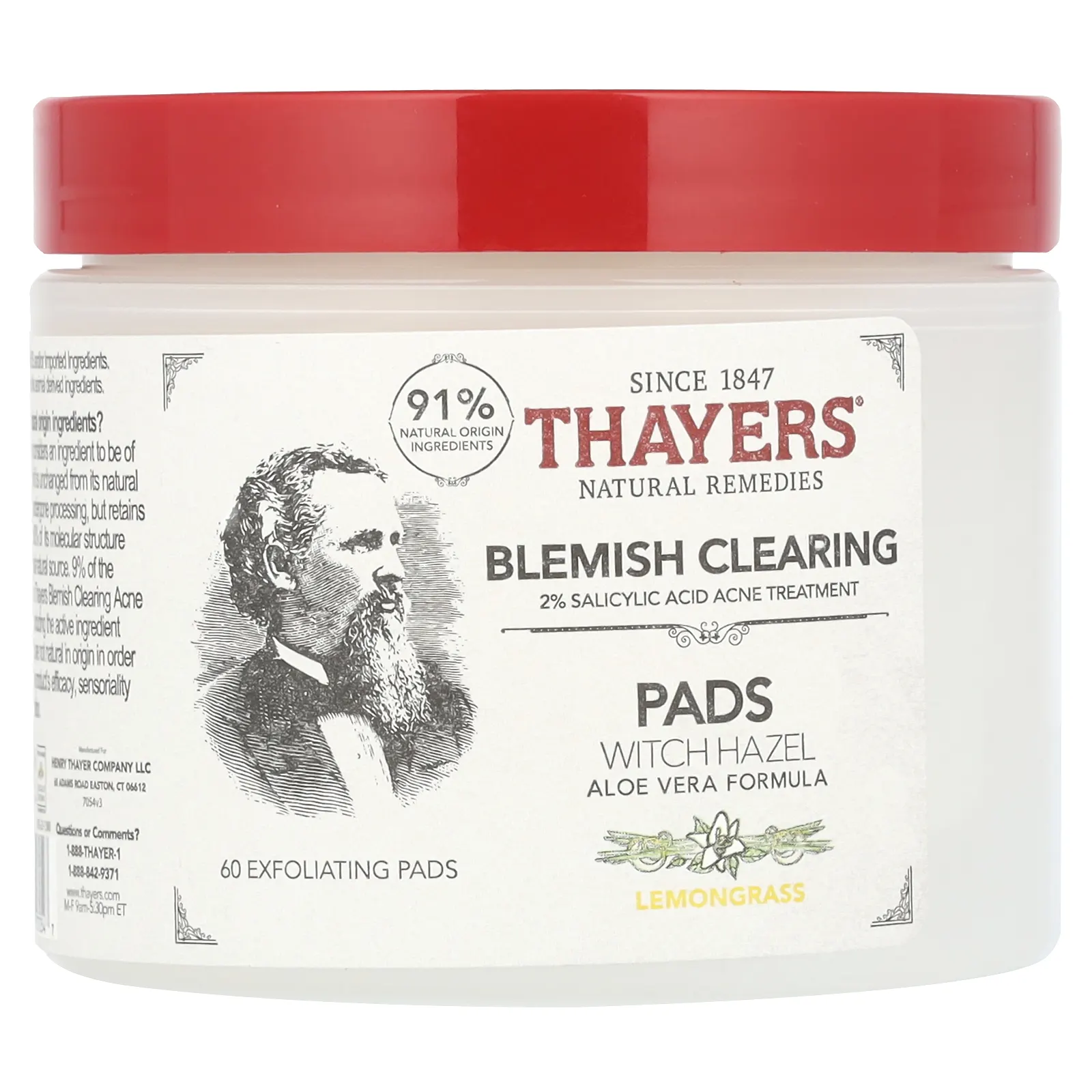 Thayers, Салфетки с гамамелисом, лемонграсс, 60 отшелушивающих салфеток