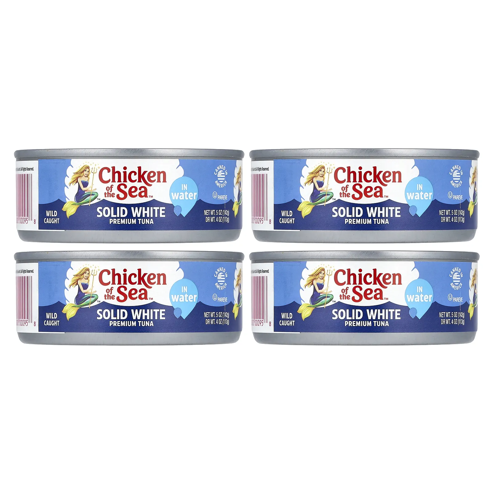Chicken of the Sea, Solid White, альбакорный тунец в воде, 4 пакетика по 142 г (5 унций)