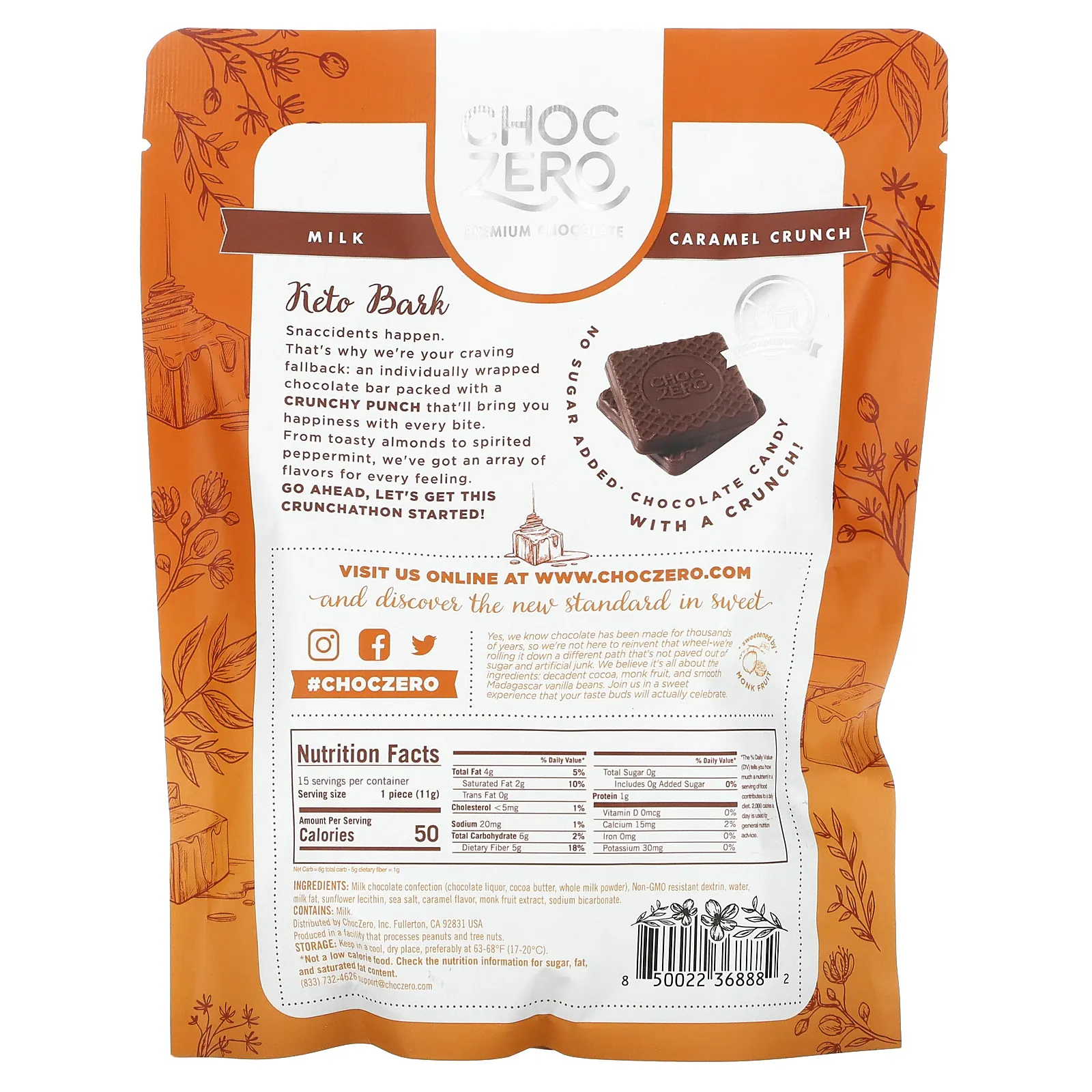 ChocZero, Keto Bark, молочный шоколад, хрустящая карамель, 15 мини-упаковок, 170 г (6 унций)