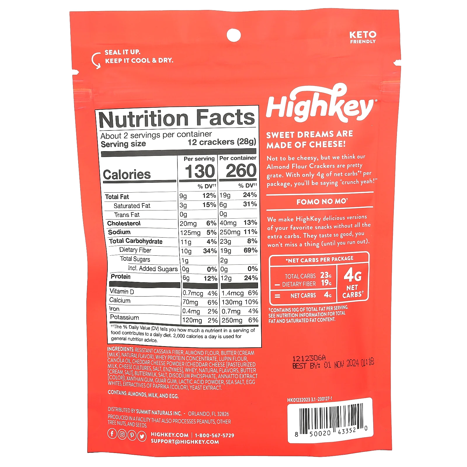 HighKey, Крекеры из миндальной муки, чеддер, 56,6 г (2 унции)