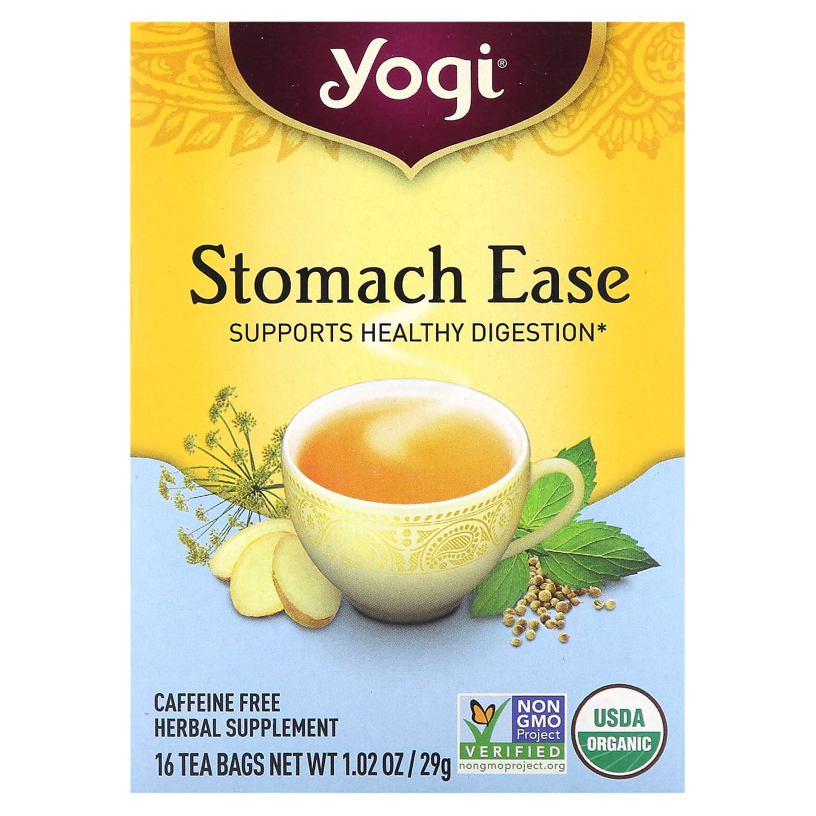 Yogi Tea, Stomach Ease, без кофеина, 16 чайных пакетиков, 29 г (1,02 унции)