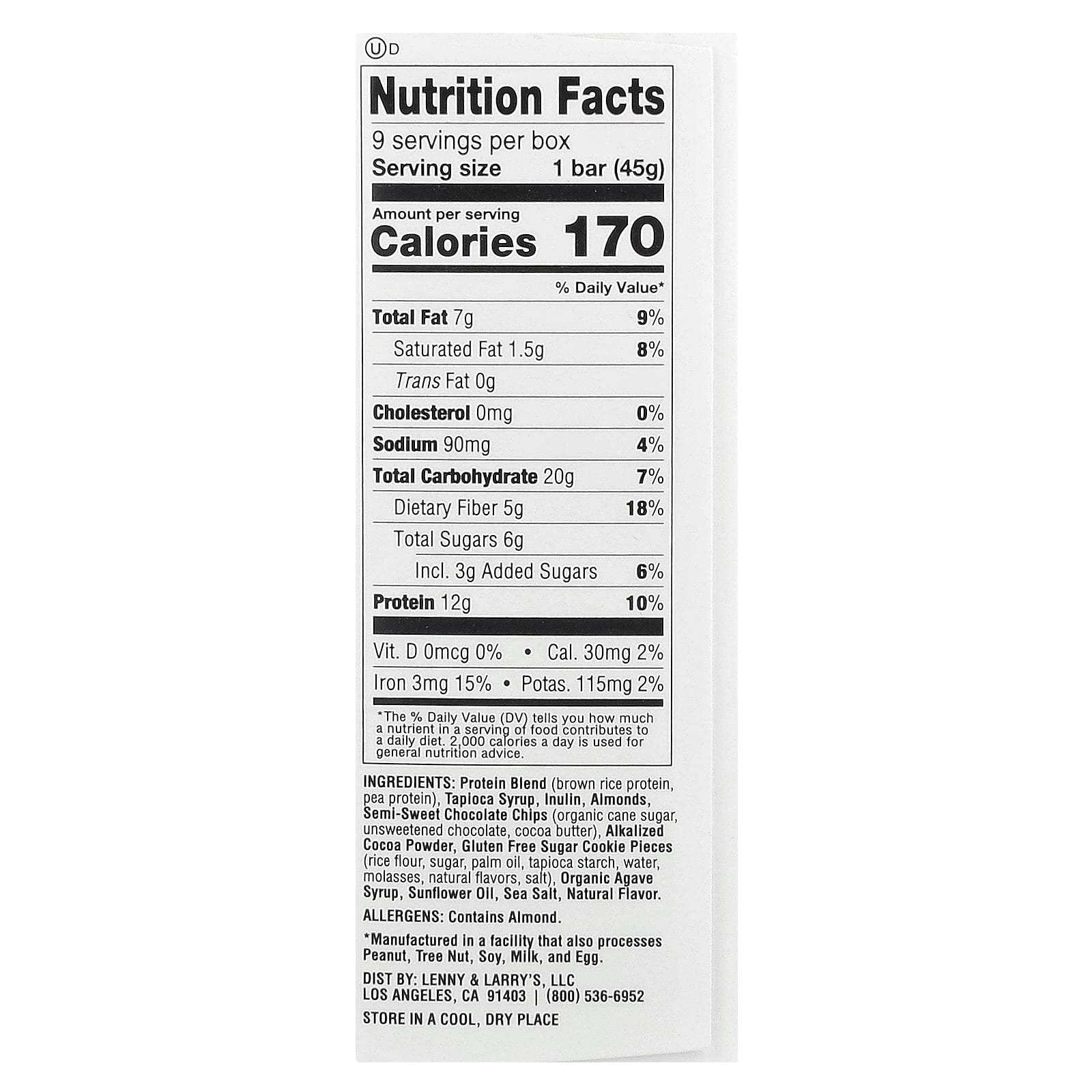 Lenny & Larry's, The Complete Cookie-Fied Bar, шоколадно-миндальная морская соль, 9 батончиков, 45 г (1,59 унции)