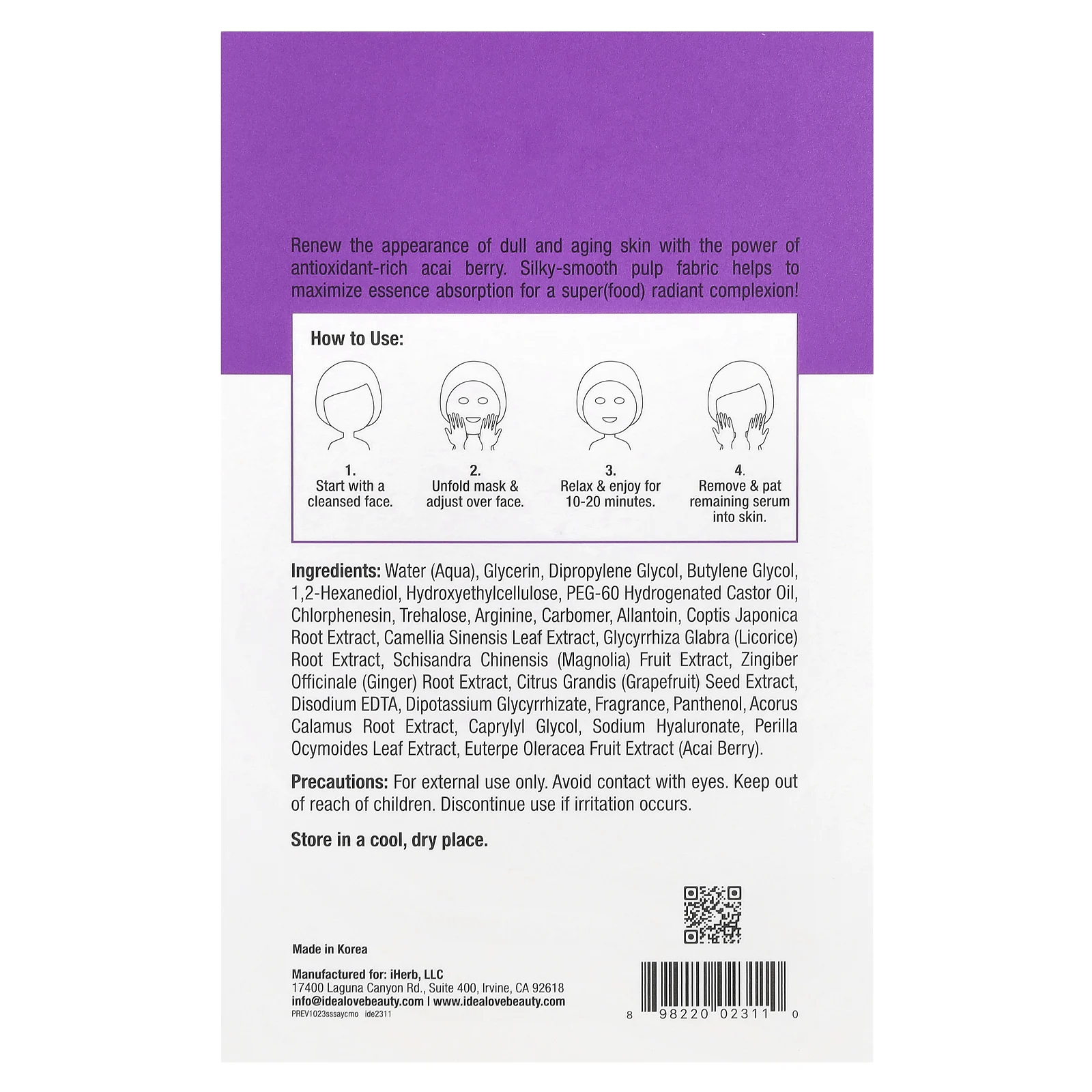 Idealove, Superfood Skin Savior, маска с суперфудами, асаи, 5 шт. по 20 мл (0,68 жидк. унции)