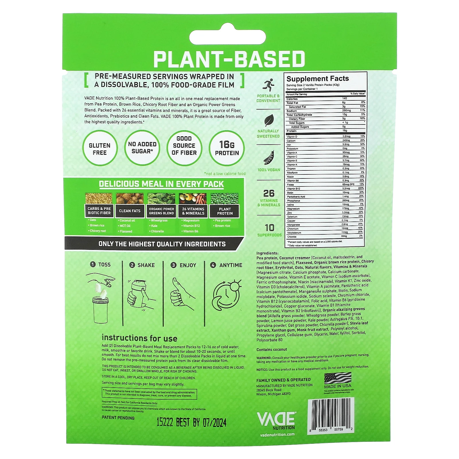 Vade Nutrition, Пакетики с растворимым белком, 100% заменитель растительной пищи, ваниль, 43 г (0,1 фунта)