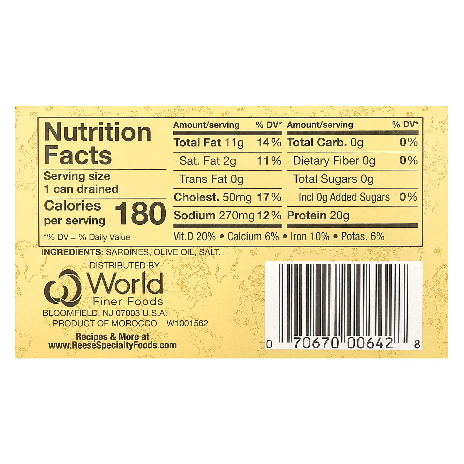 Reese, сардины без кожи и костей в 100% оливковом масле, 124 г (4,38 унции)