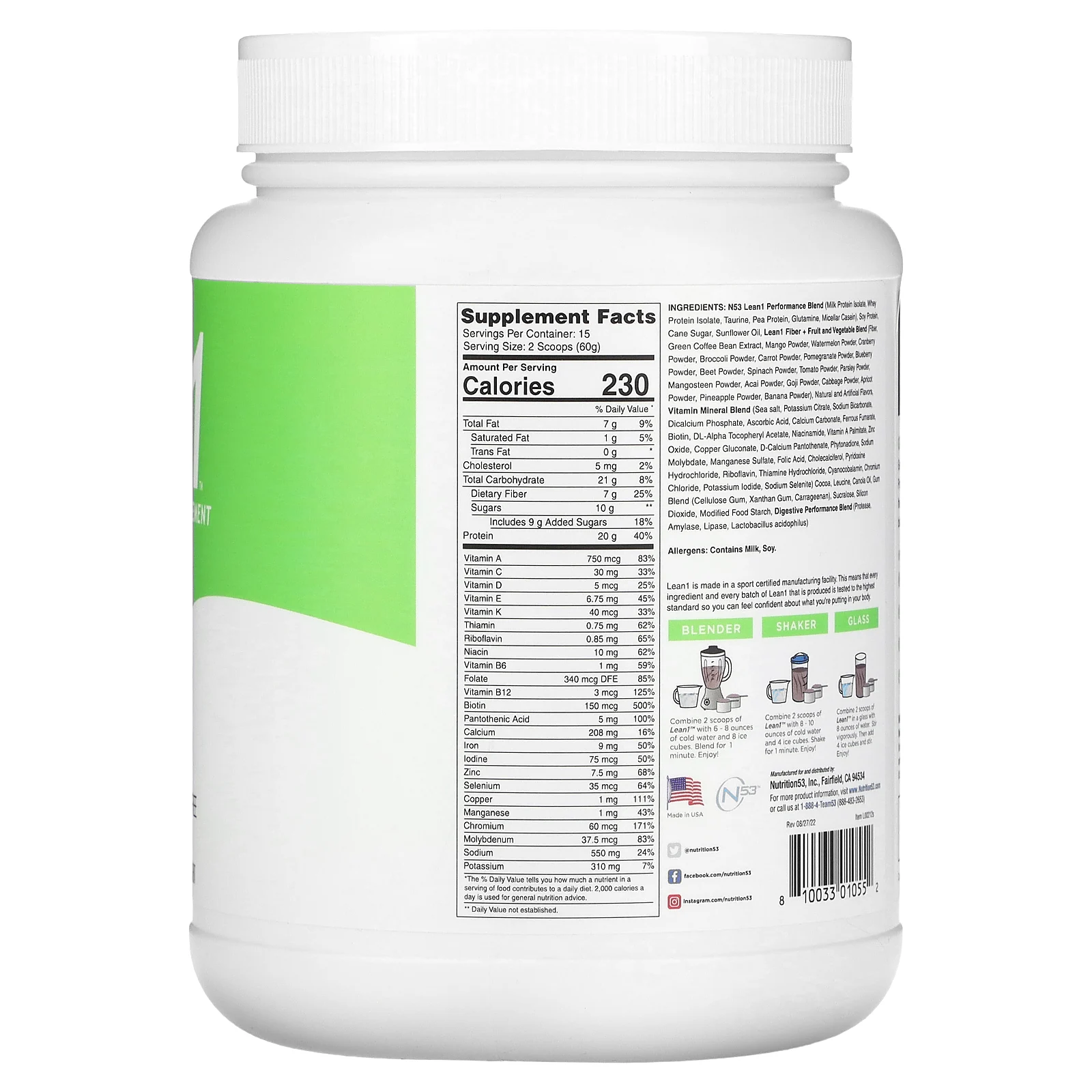 Lean1, Original, сжигающий жир протеиновый коктейль, печенье и сливки, 900 г (1,98 фунта)