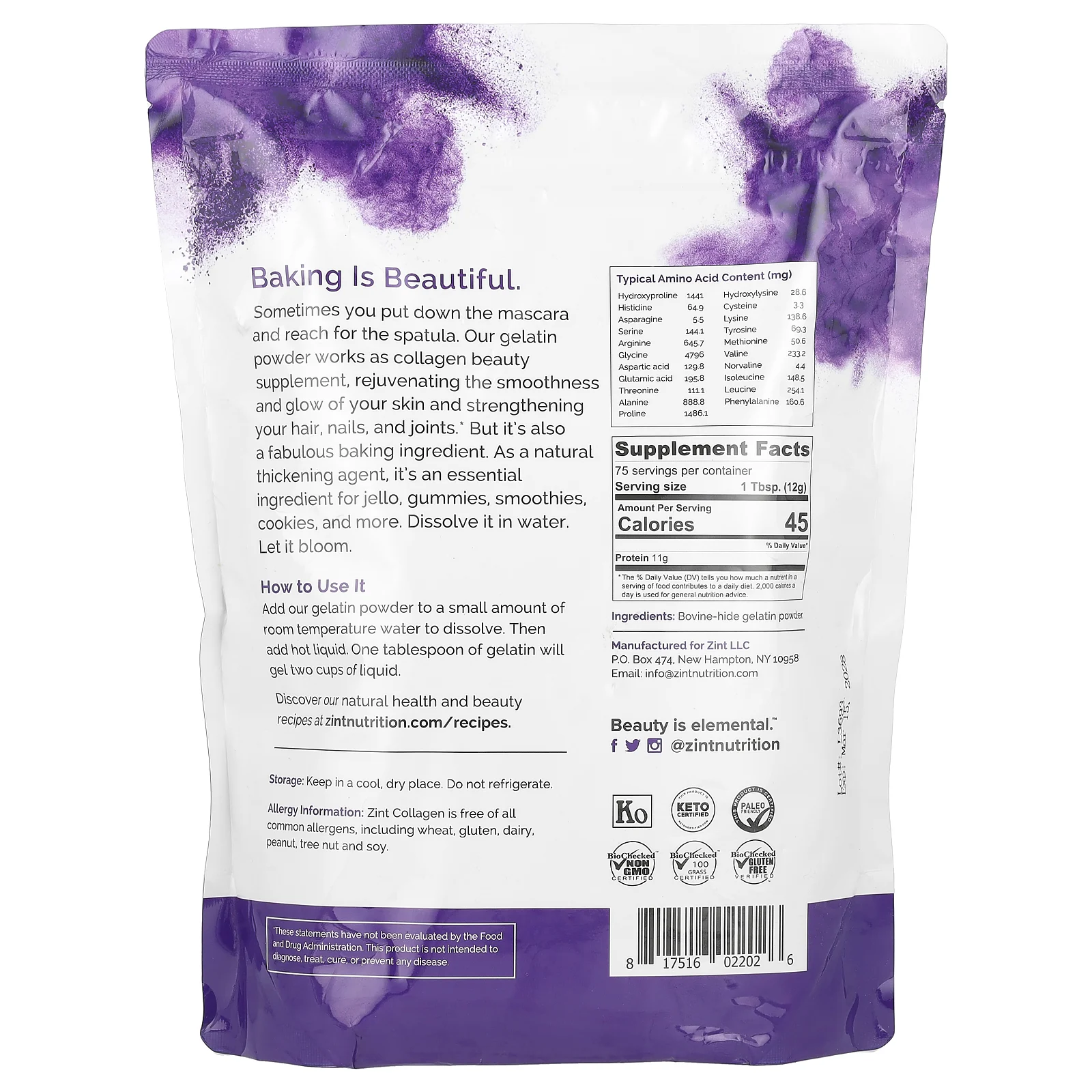 Zint, протеиновый порошок-загуститель, желатин из говядины премиального качества, 907 г (32 унции)