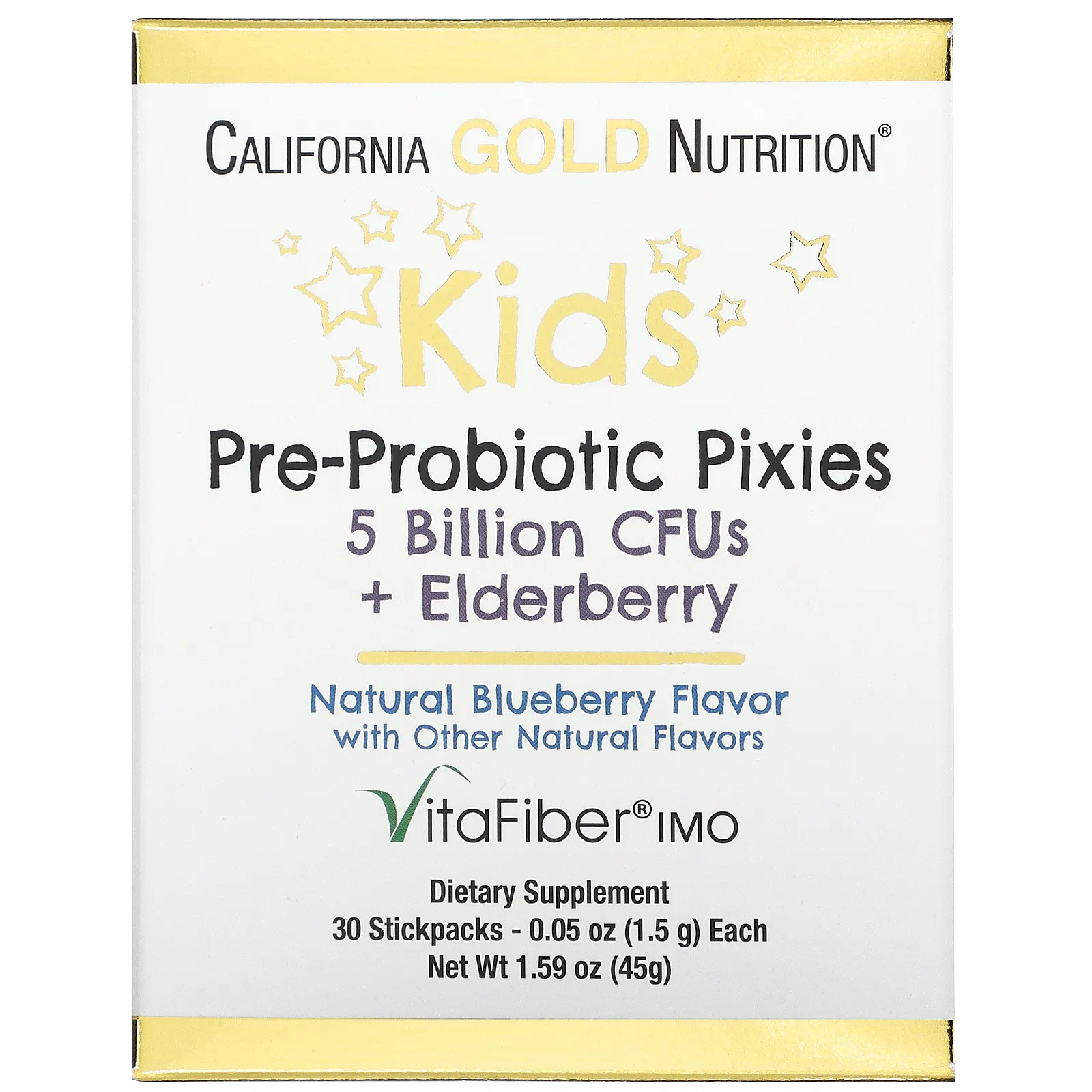 California Gold Nutrition, Pixies, пребиотики и пробиотики для детей, 5 млрд. КОЕ, с добавлением бузины, с натуральным вкусом голубики, 30 пакетиков по 1,5 г (0,05 унции)