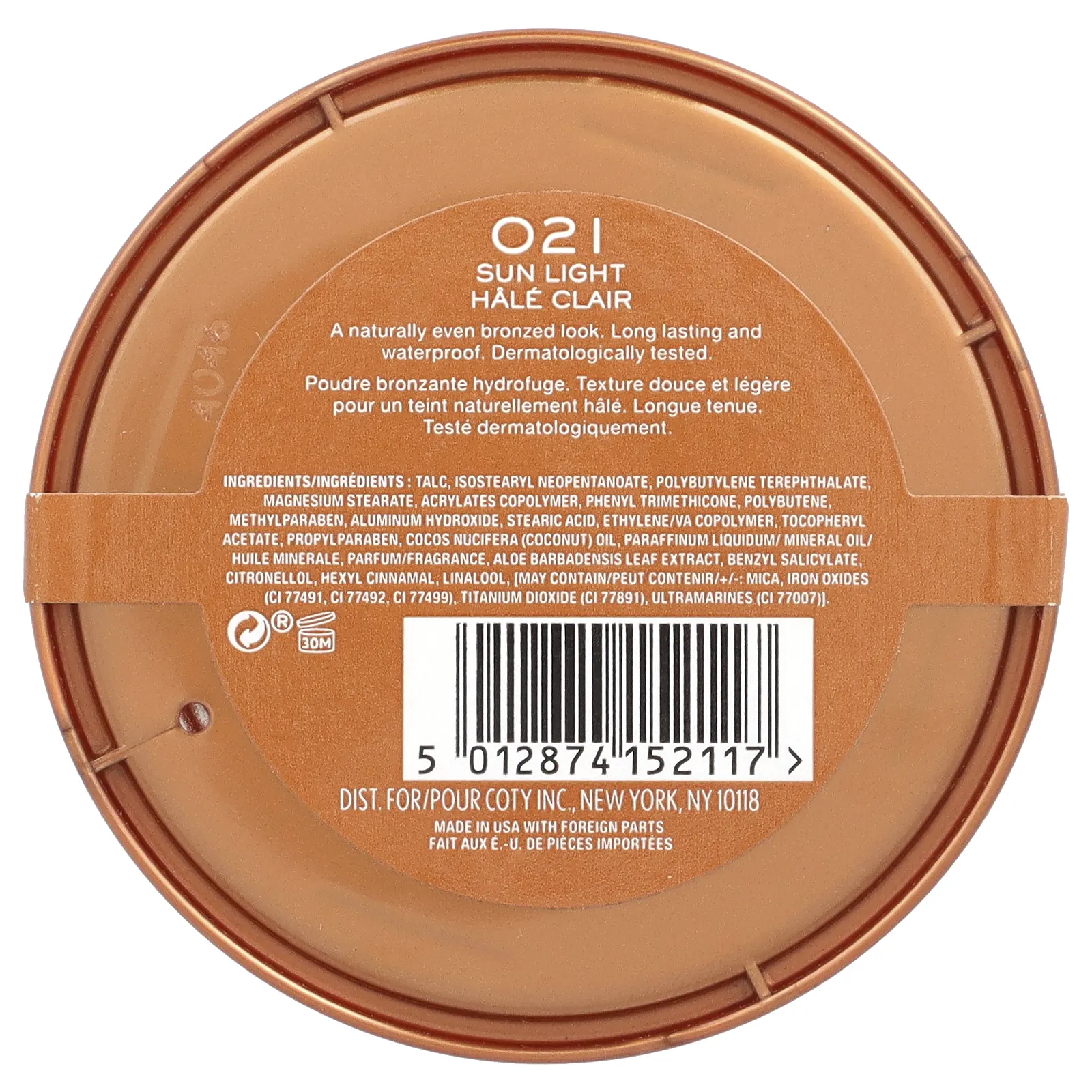 Rimmel London, Natural Bronzer, водостойкая бронзирующая пудра, оттенок 021 «Солнечный свет», 14 г