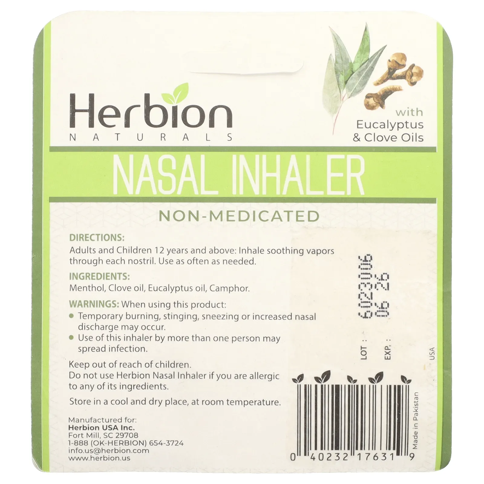 Herbion, Naturals, носовой ингалятор, без лекарств, 1,3 г (0,05 унции)