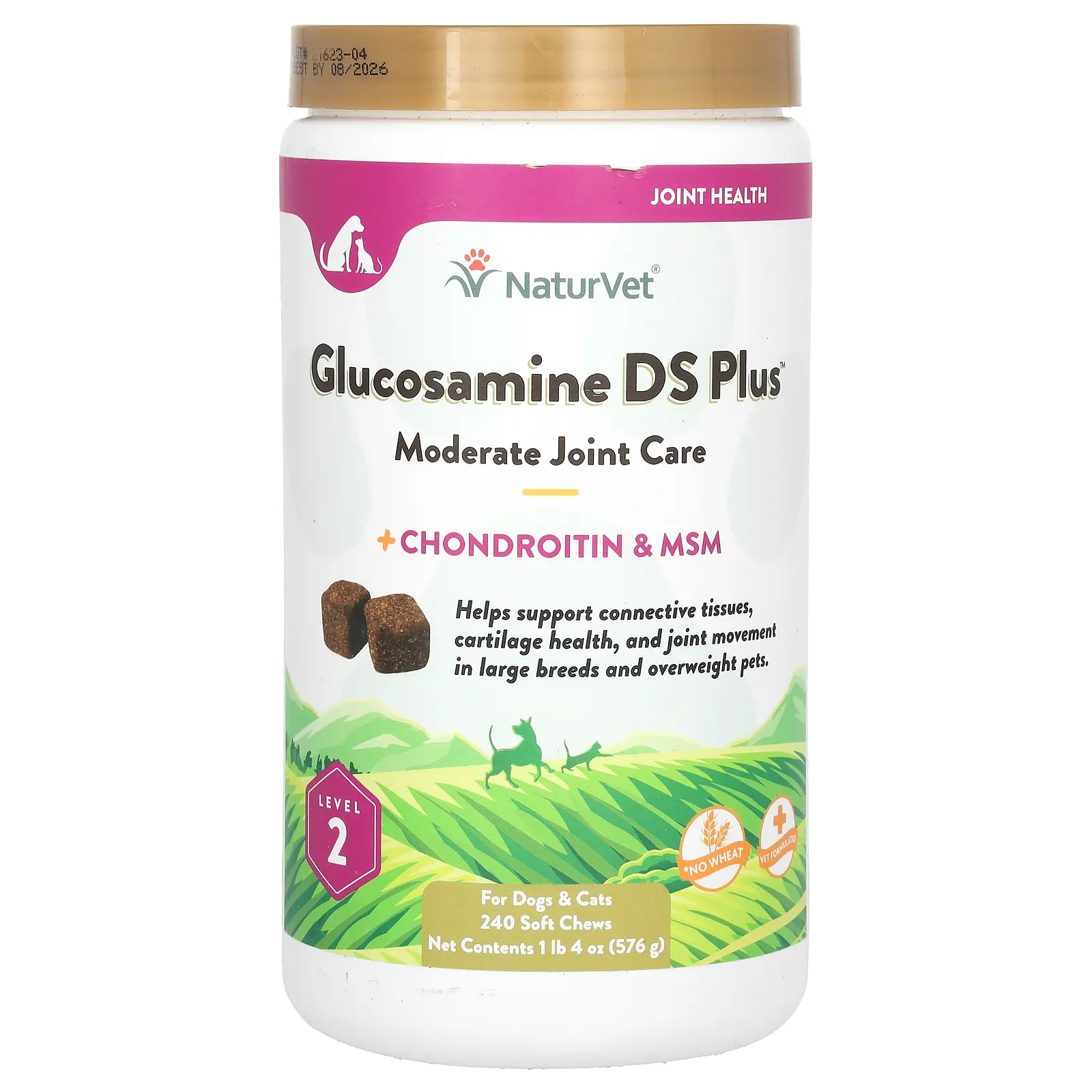NaturVet, Glucosamine DS Plus, умеренный уход за суставами, с хондроитином и МСМ, для собак и кошек, уровень 2, 240 мягких жевательных таблеток, 576 г (1 фунт 4 унции)
