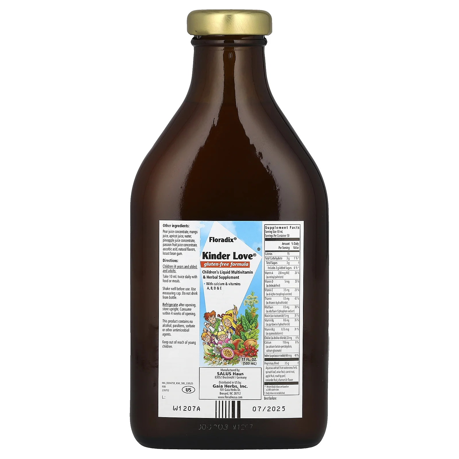 Floradix, Kinder Love, жидкая мультивитаминная и травяная добавка для детей, без глютена, 500 мл (17 жидк. Унций)