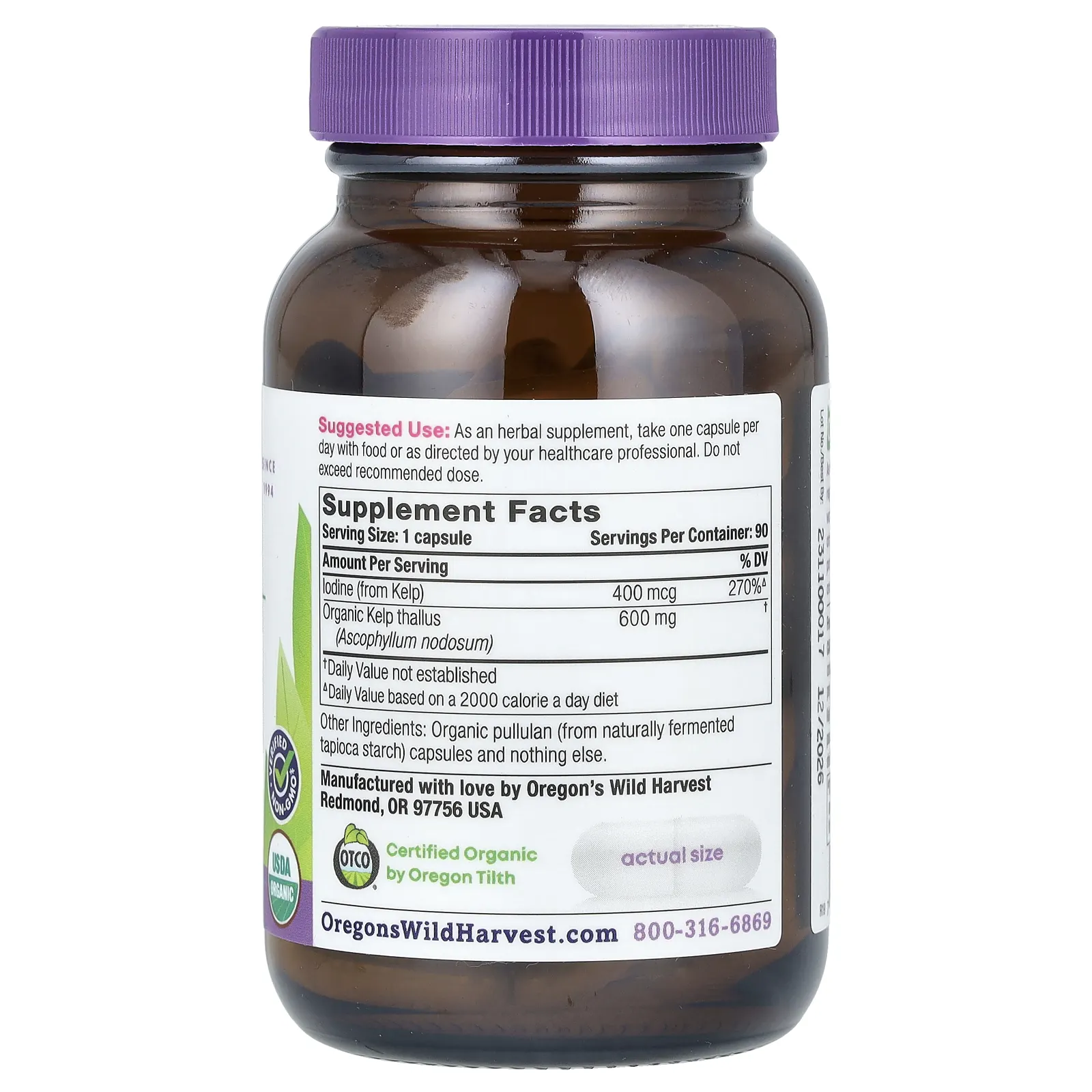 Oregon's Wild Harvest, органические бурые водоросли, 90 органических веганских капсул