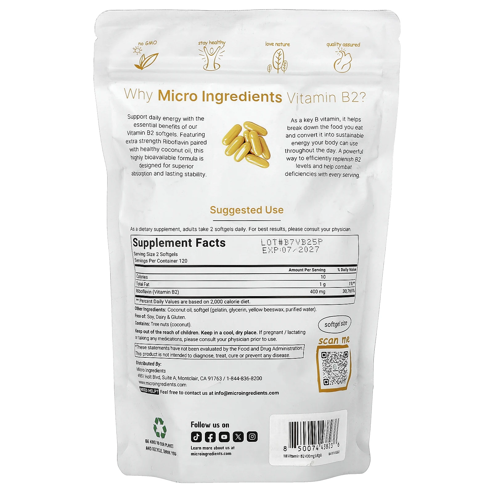 Micro Ingredients, витамин B2, рибофлавин, 240 капсул (200 мг в 1 капсуле)