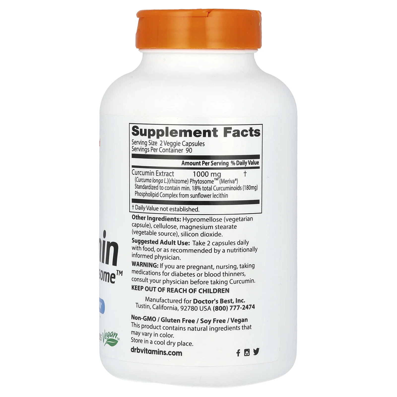 Doctor's Best, Фитосомы куркумина, 1000 мг, 180 растительных капсул (500 мг на капсулу)